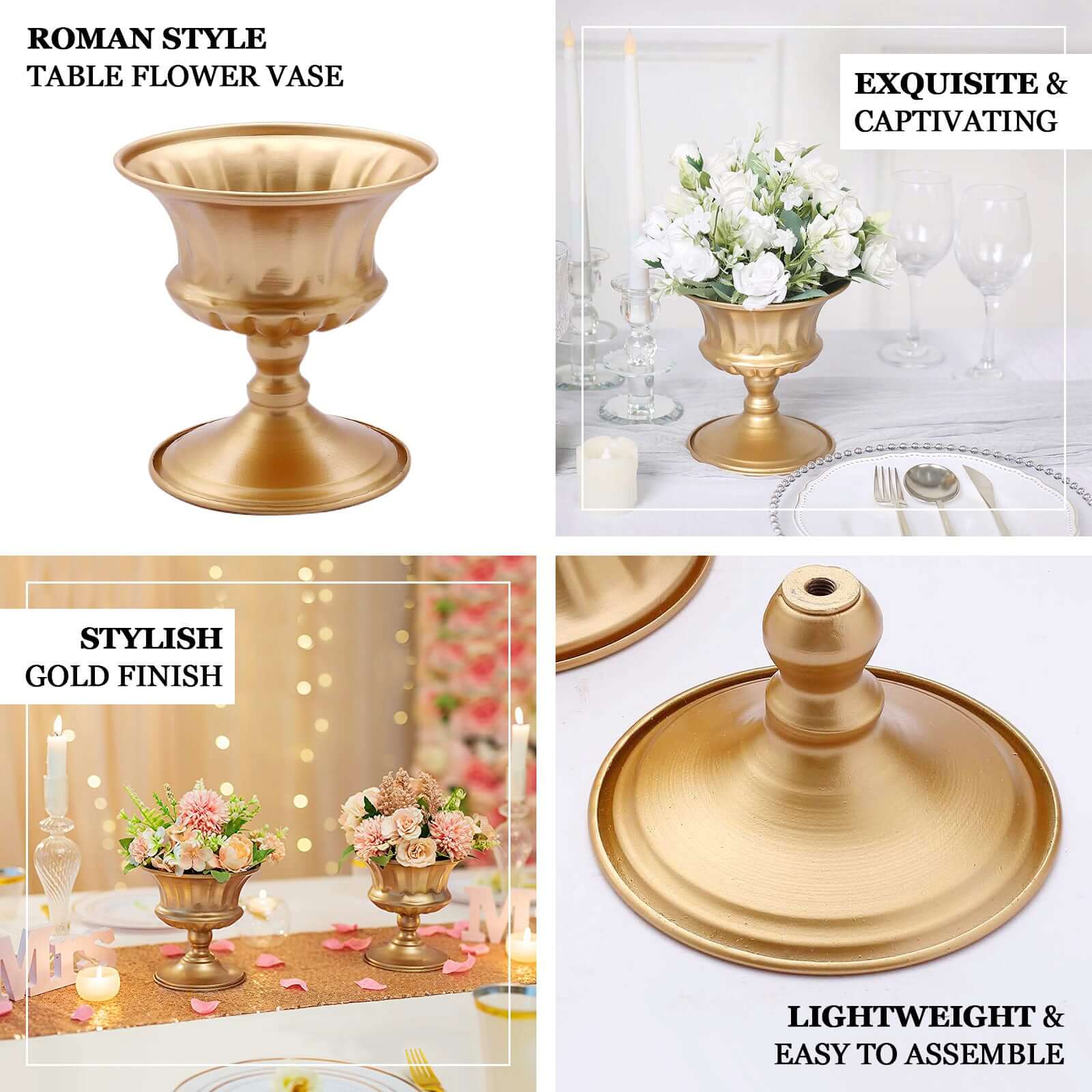 2-Pack Metal Flower Vases Pedestal 6" Roman Style Gold - Antique Mini Compote Vase for Vintage Wedding Centerpieces - Image 4