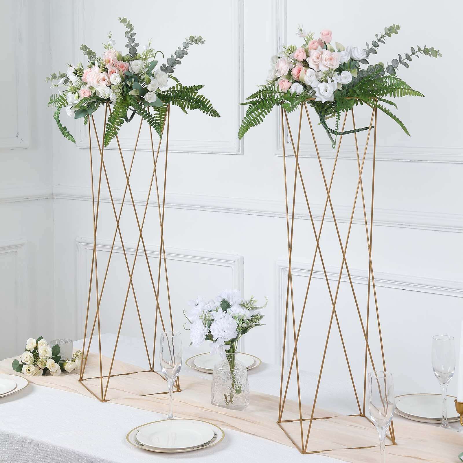 2-Pack Metal Pedestal Stands 32" Gold Geometric Crisscross Design - Open Column Wedding Centerpieces - Image 4