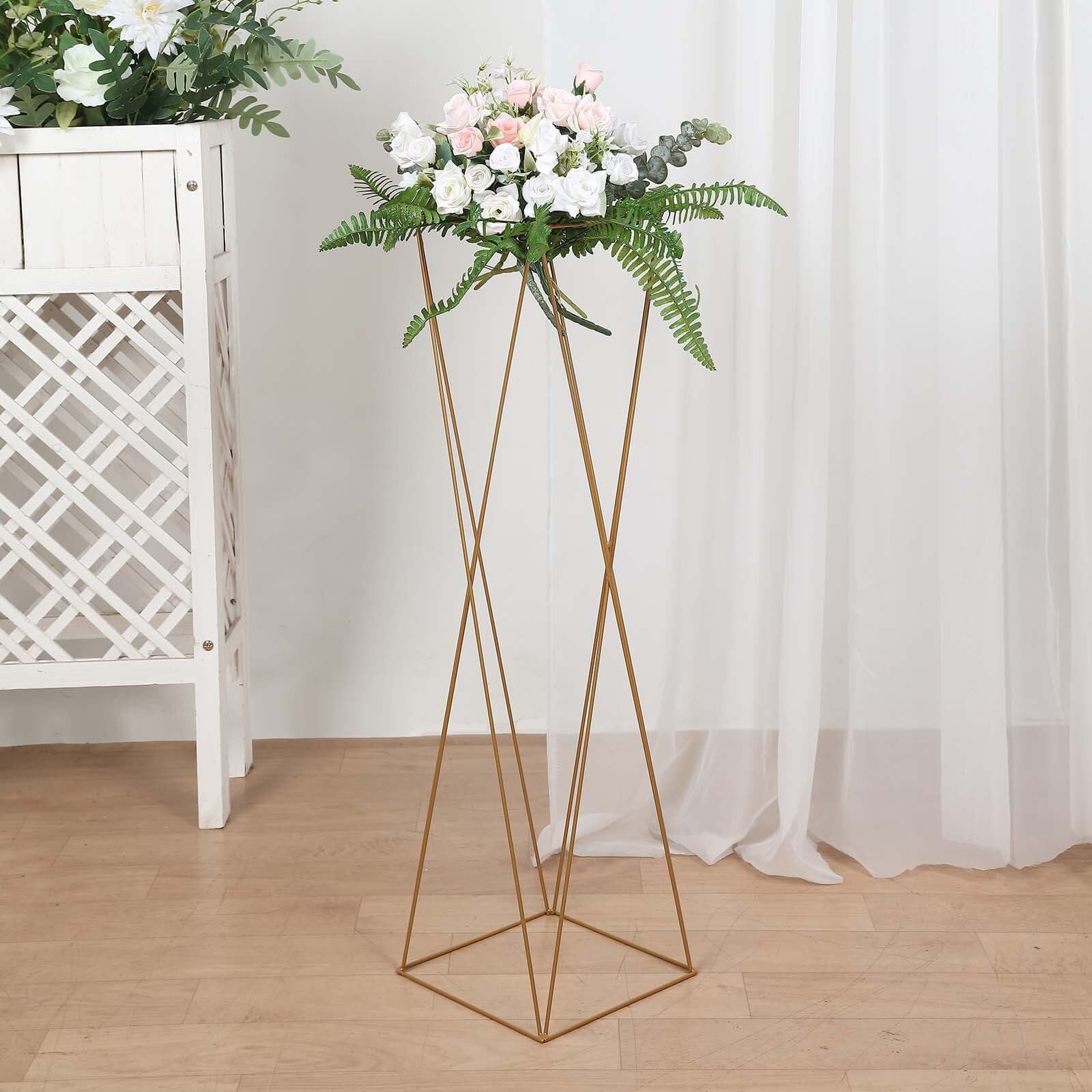 2-Pack Metal Pedestal Stands 32" Gold Geometric Crisscross Design - Open Column Wedding Centerpieces - Image 5