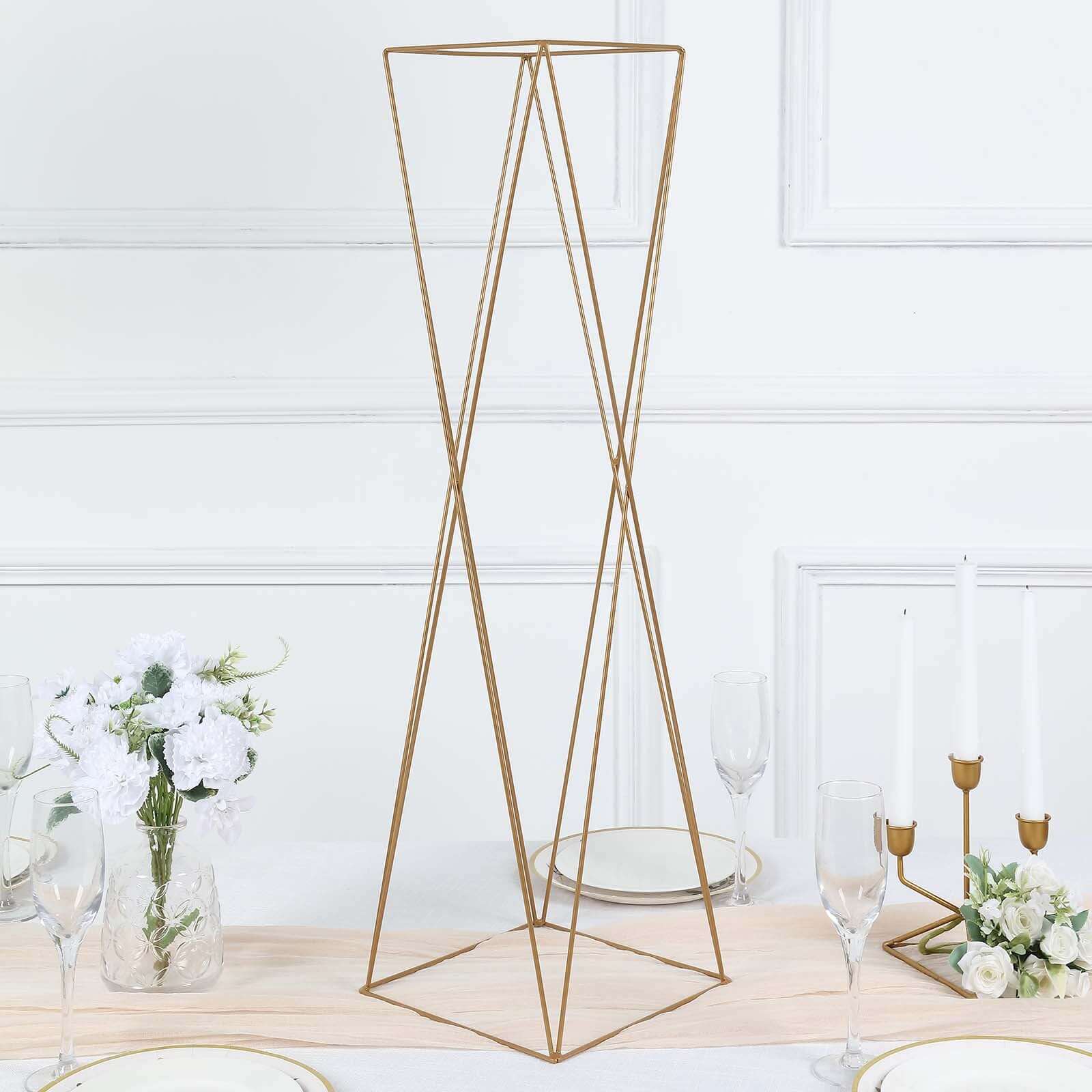 2-Pack Metal Pedestal Stands 32" Gold Geometric Crisscross Design - Open Column Wedding Centerpieces - Image 8