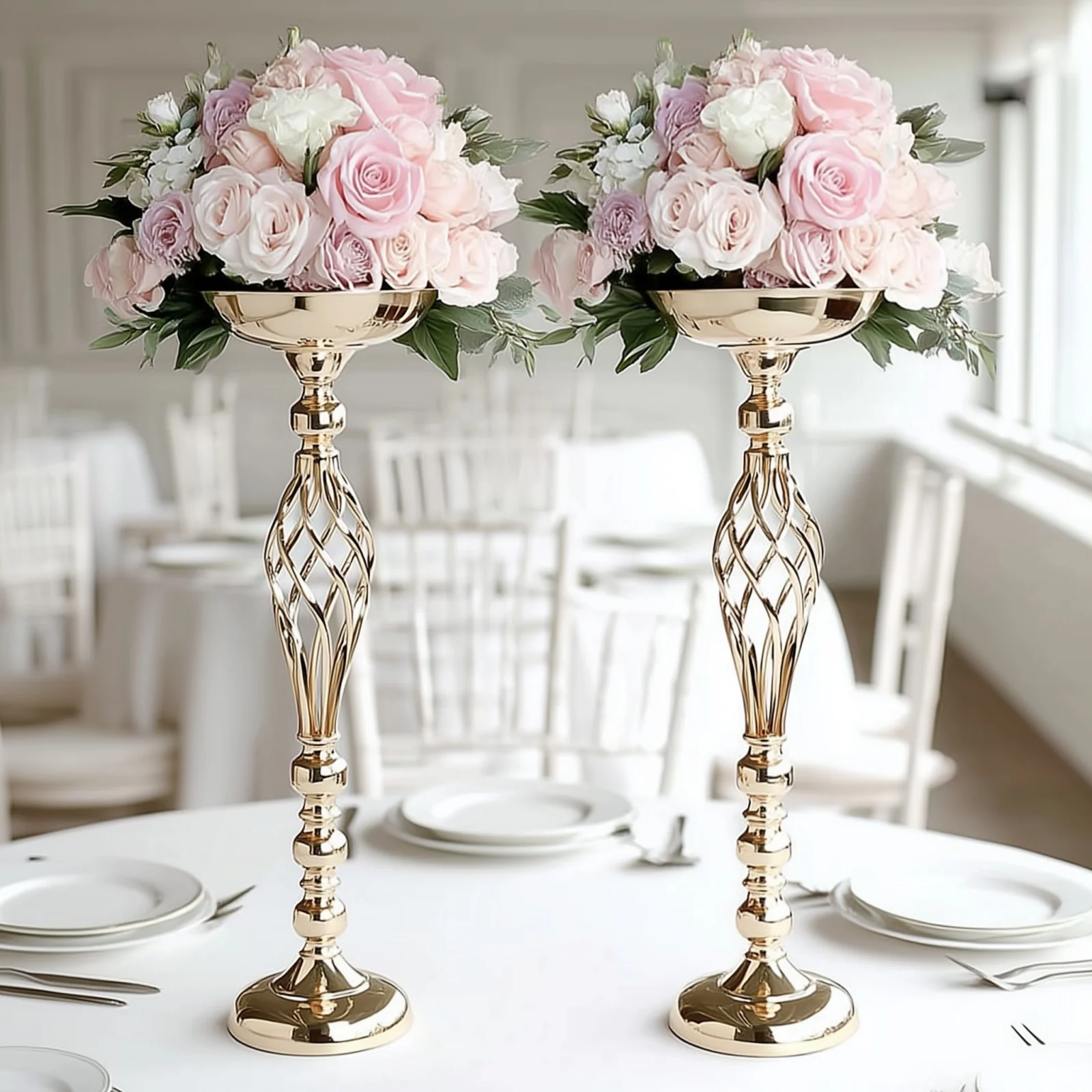 2-Pack Metal Pillar Candle Holders 26" Reversible Flower Ball Pedestal Design Gold - Decorative Event Centerpieces