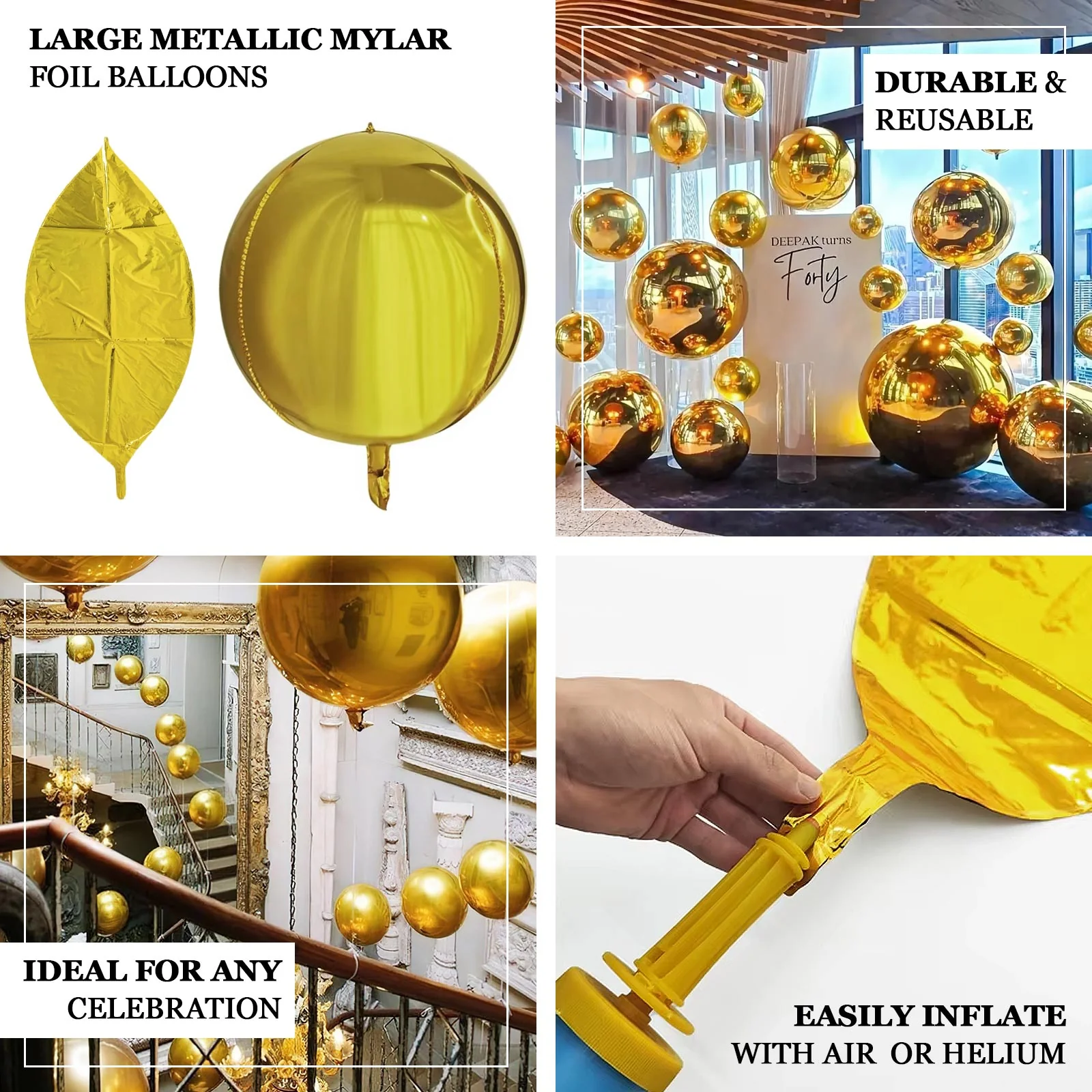 2-Pack Orbz Mylar Foil Balloons, 43" Metallic Gold Large Round Sphere Helium or Air-Filled Party Decorations - Image 4