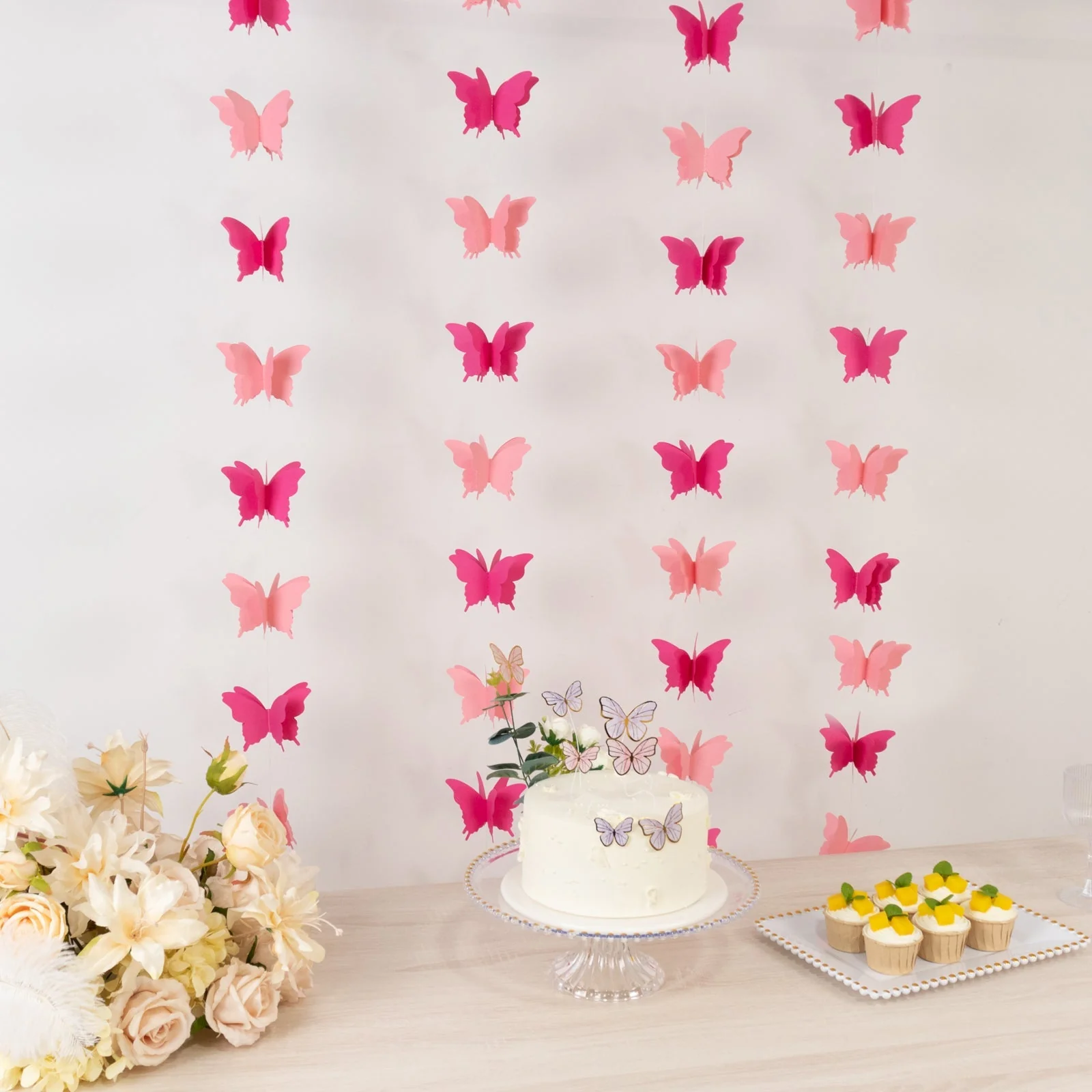 2 Pack Pink 3D Paper Butterfly String Banners, Hanging Garland Party Streamers 9ft - Image 2