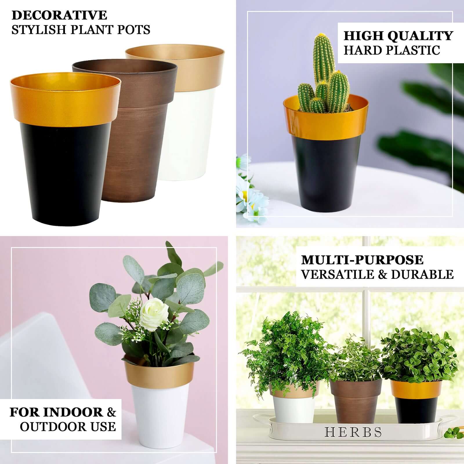 2-Pack Plastic Flower Plant Pots 6" Medium Black with Gold Rim - Indoor Decorative Planters - Image 4