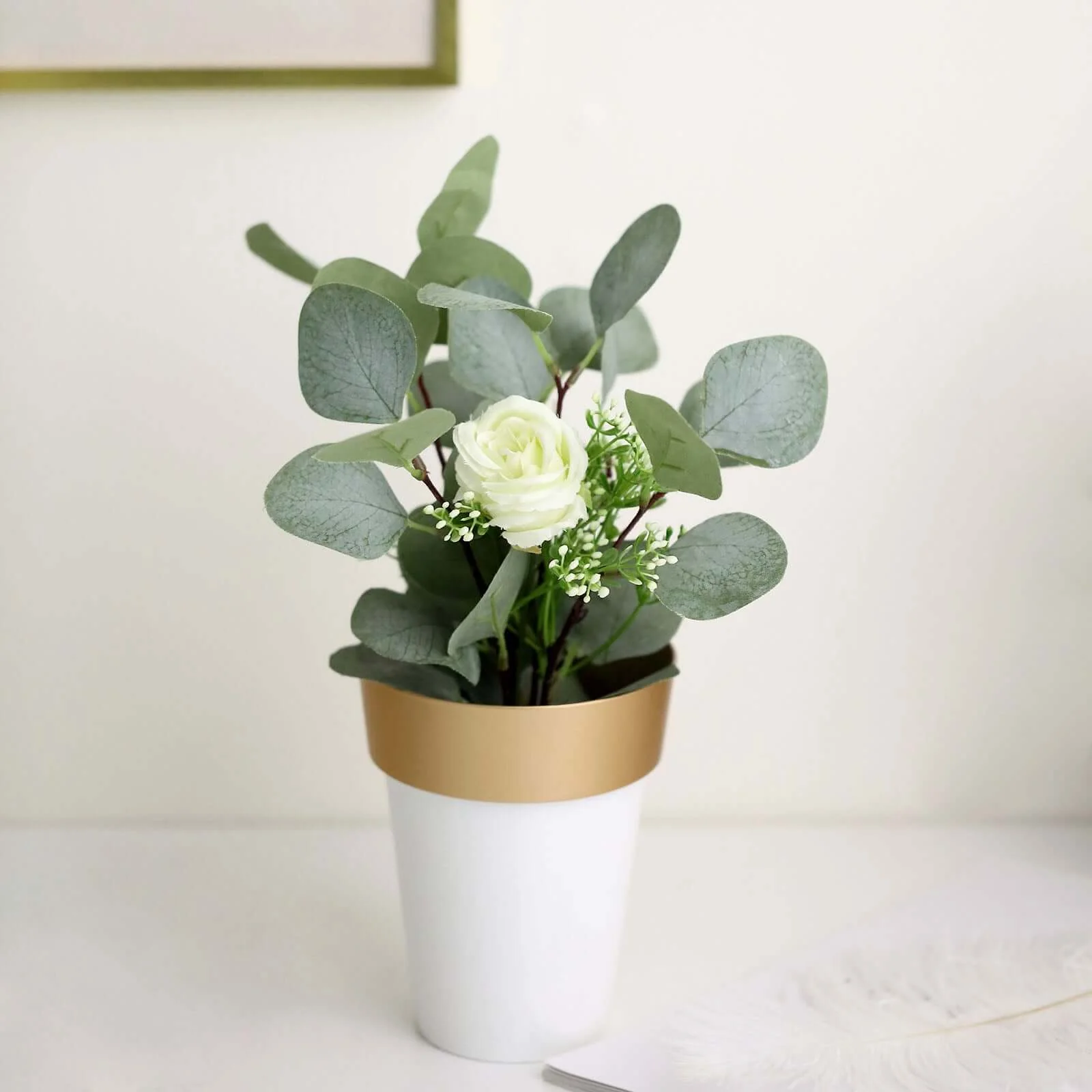 2-Pack Plastic Flower Plant Pots 6" Medium White with Gold Rim - Indoor Decorative Planters - Image 14