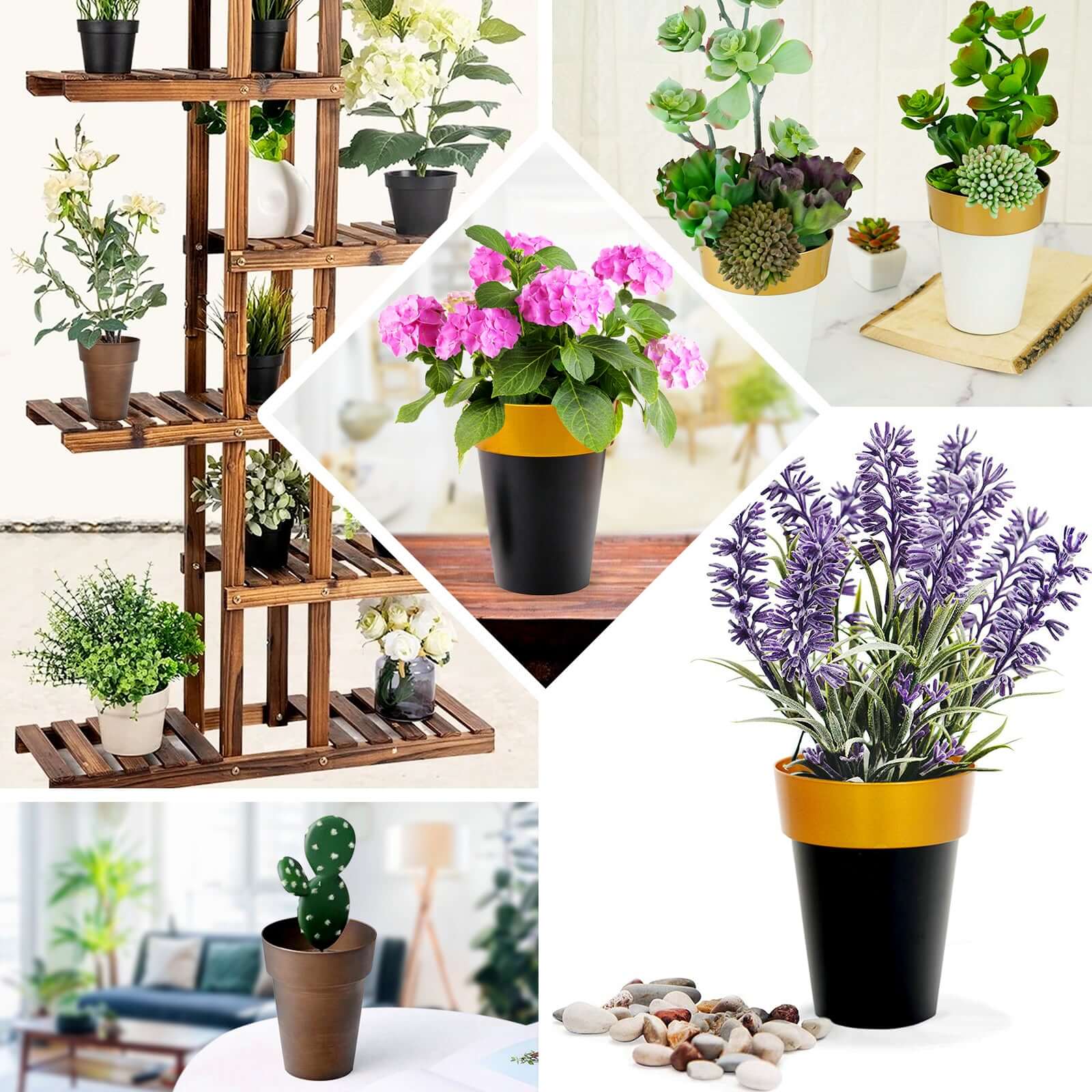 2-Pack Plastic Flower Plant Pots 6" Medium White with Gold Rim - Indoor Decorative Planters - Image 5