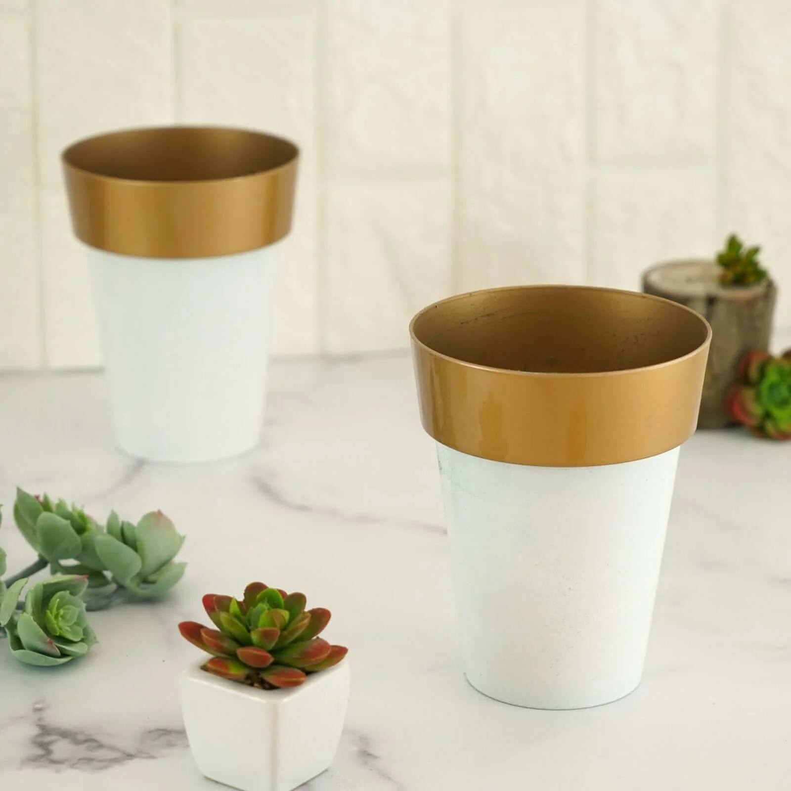 2-Pack Plastic Flower Plant Pots 6" Medium White with Gold Rim - Indoor Decorative Planters - Image 6