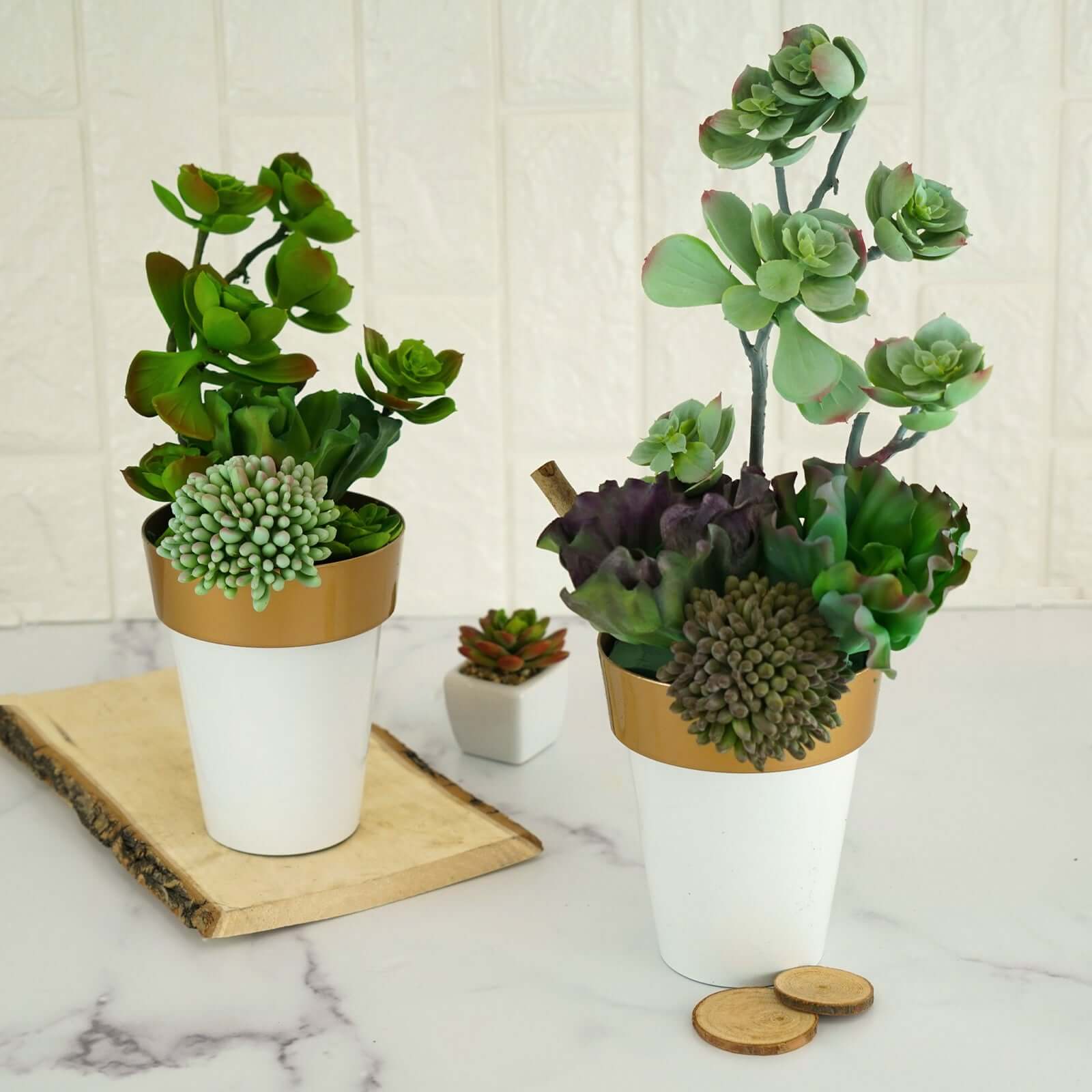 2-Pack Plastic Flower Plant Pots 6" Medium White with Gold Rim - Indoor Decorative Planters - Image 7