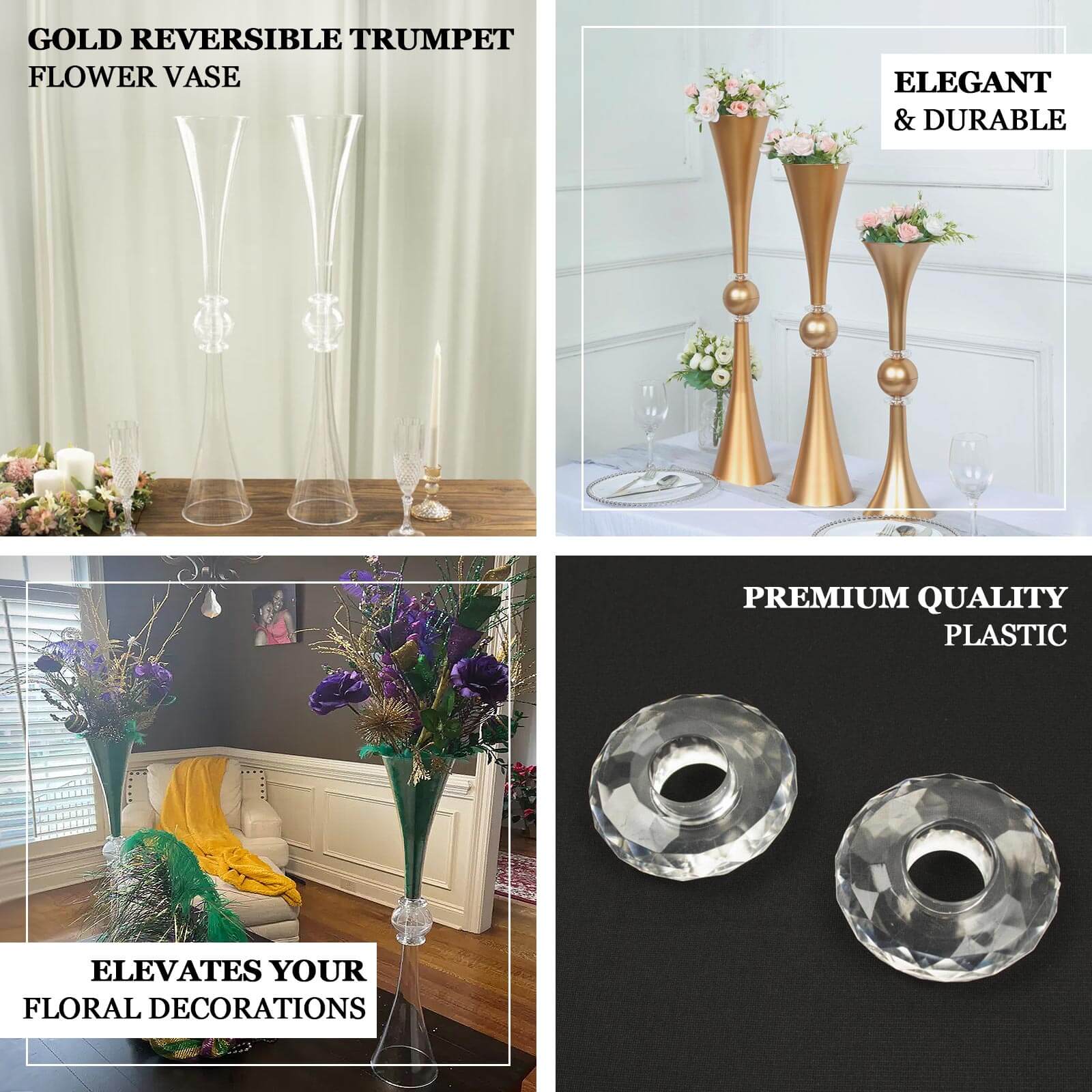 2-Pack Plastic Flower Vases 21" Trumpet Design with Crystal Embellishments Clear - Reversible Table Centerpieces - Image 4