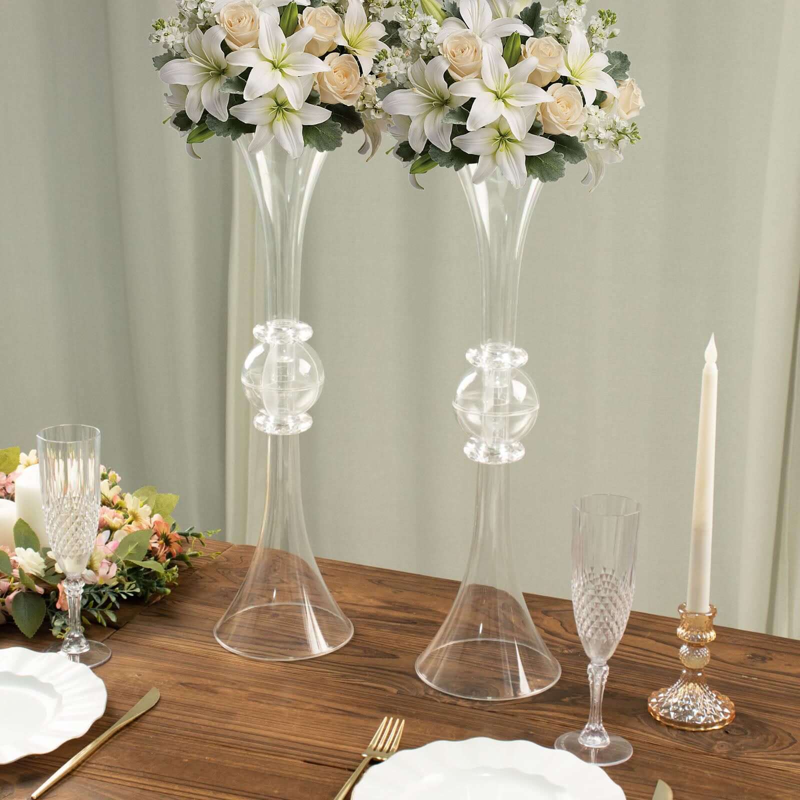 2-Pack Plastic Flower Vases 21" Trumpet Design with Crystal Embellishments Clear - Reversible Table Centerpieces - Image 9