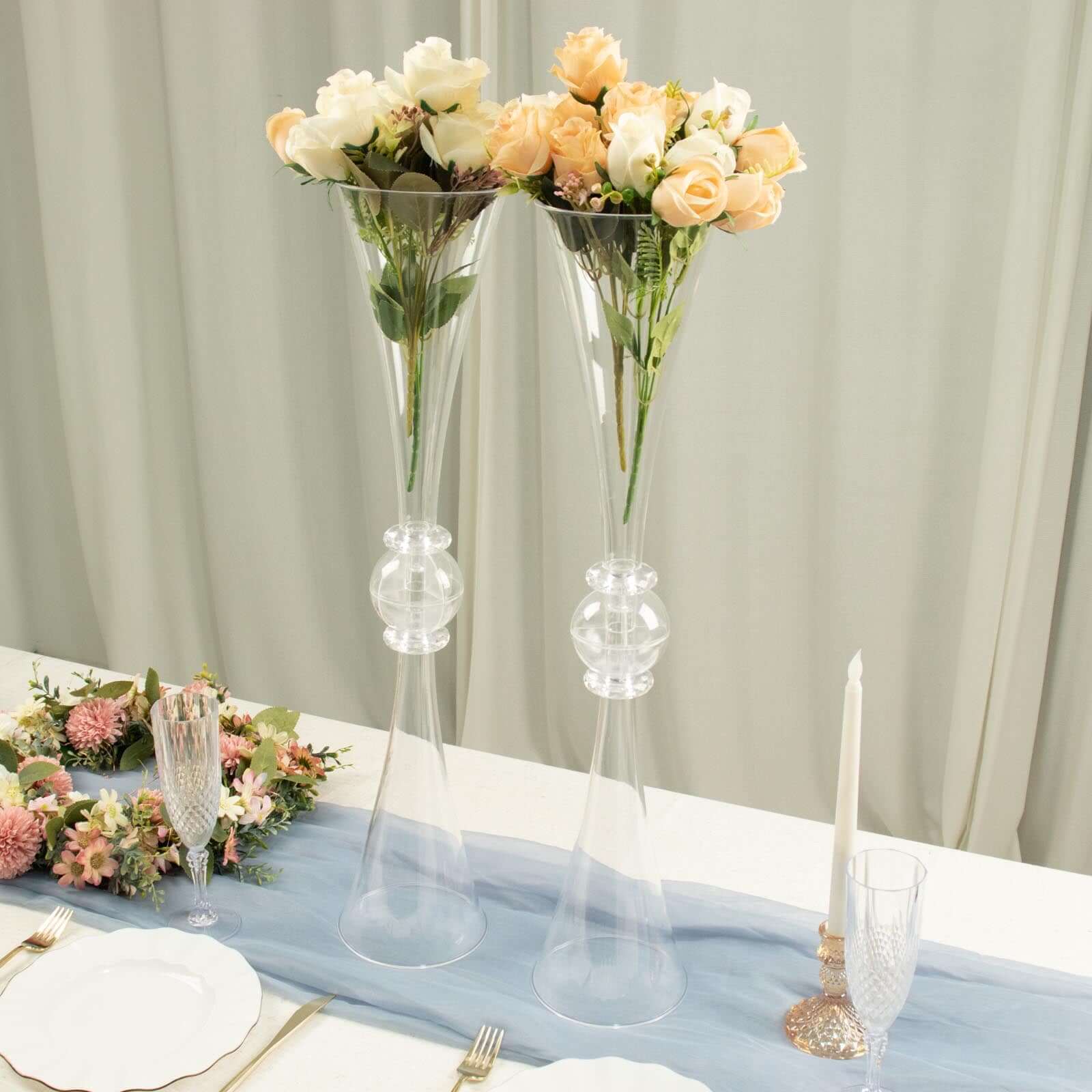 2-Pack Plastic Flower Vases 27" Trumpet Design with Crystal Embellishments Clear - Reversible Table Centerpieces - Image 2