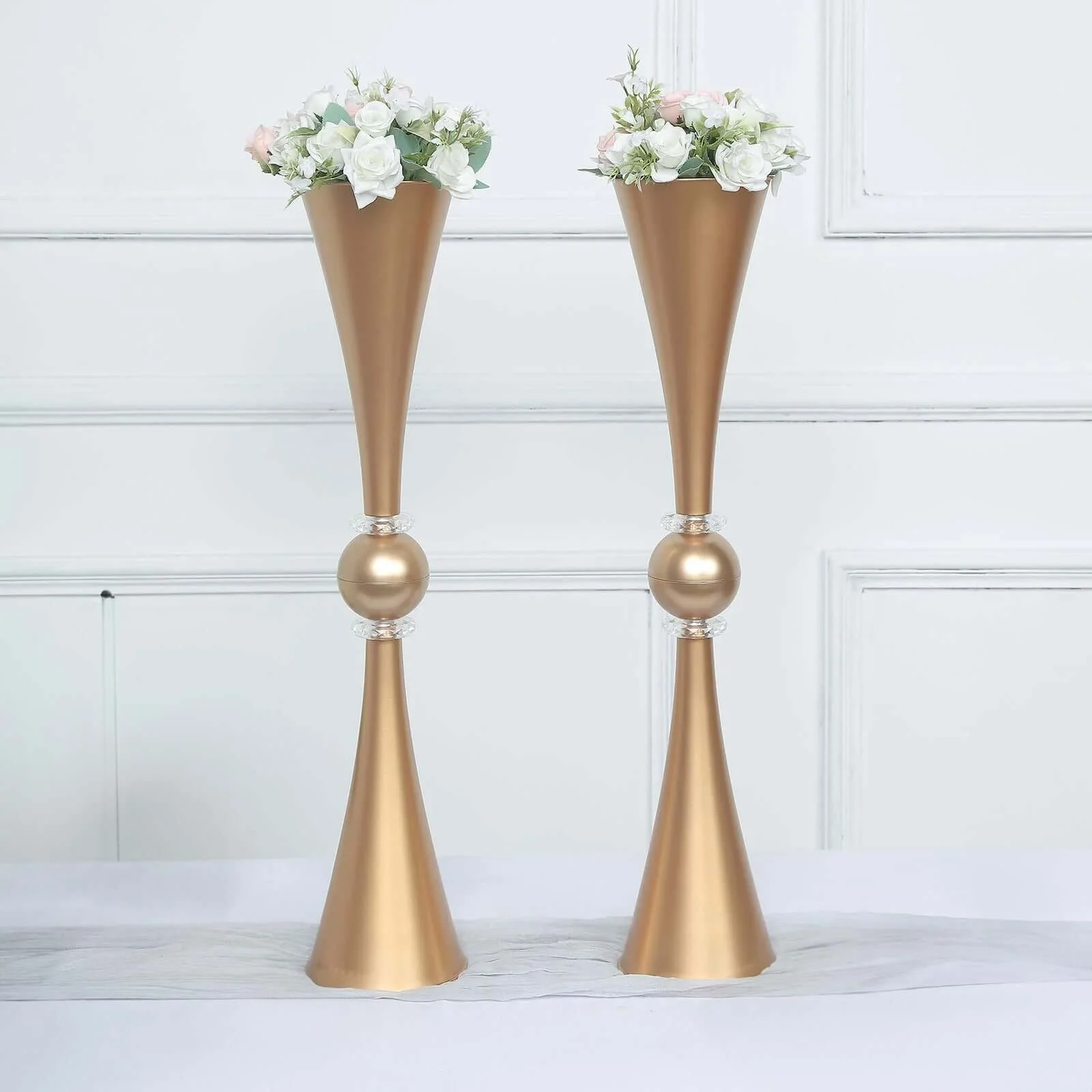 2-Pack Plastic Flower Vases 27" Trumpet Design with Crystal Embellishments Gold - Reversible Table Centerpieces