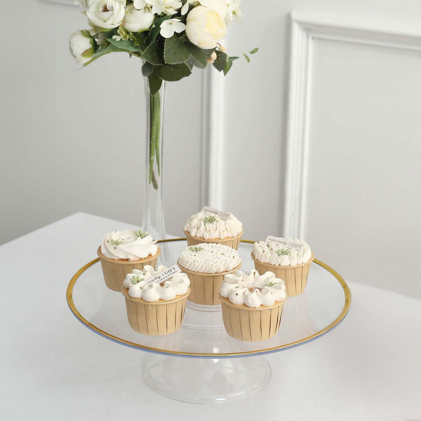 2-Pack Plastic Pedestal Cake Stands 12" Clear with Gold Rim - Disposable Cupcake Dessert Display Riser for Classy Wedding Party & Event Decor