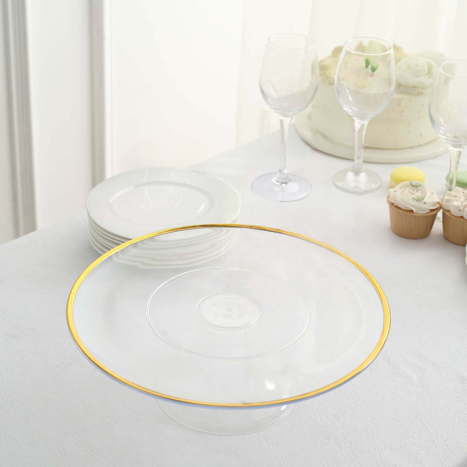 2-Pack Plastic Pedestal Cake Stands 12" Clear with Gold Rim - Disposable Cupcake Dessert Display Riser for Classy Wedding Party & Event Decor - Image 6