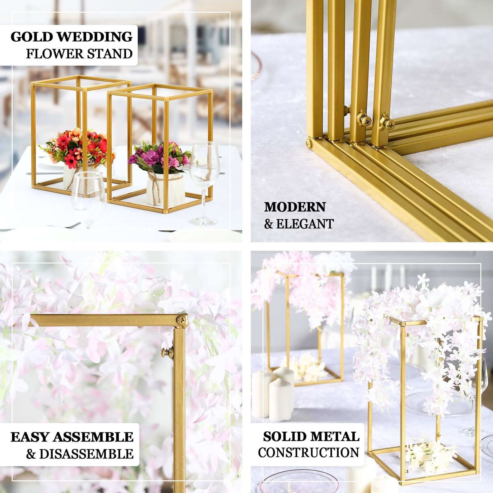 2-Pack Rectangular Gold Metal Wedding Flower Stand 12" Geometric Column Frame - Stylish Floral Display for Tablescapes - Image 4