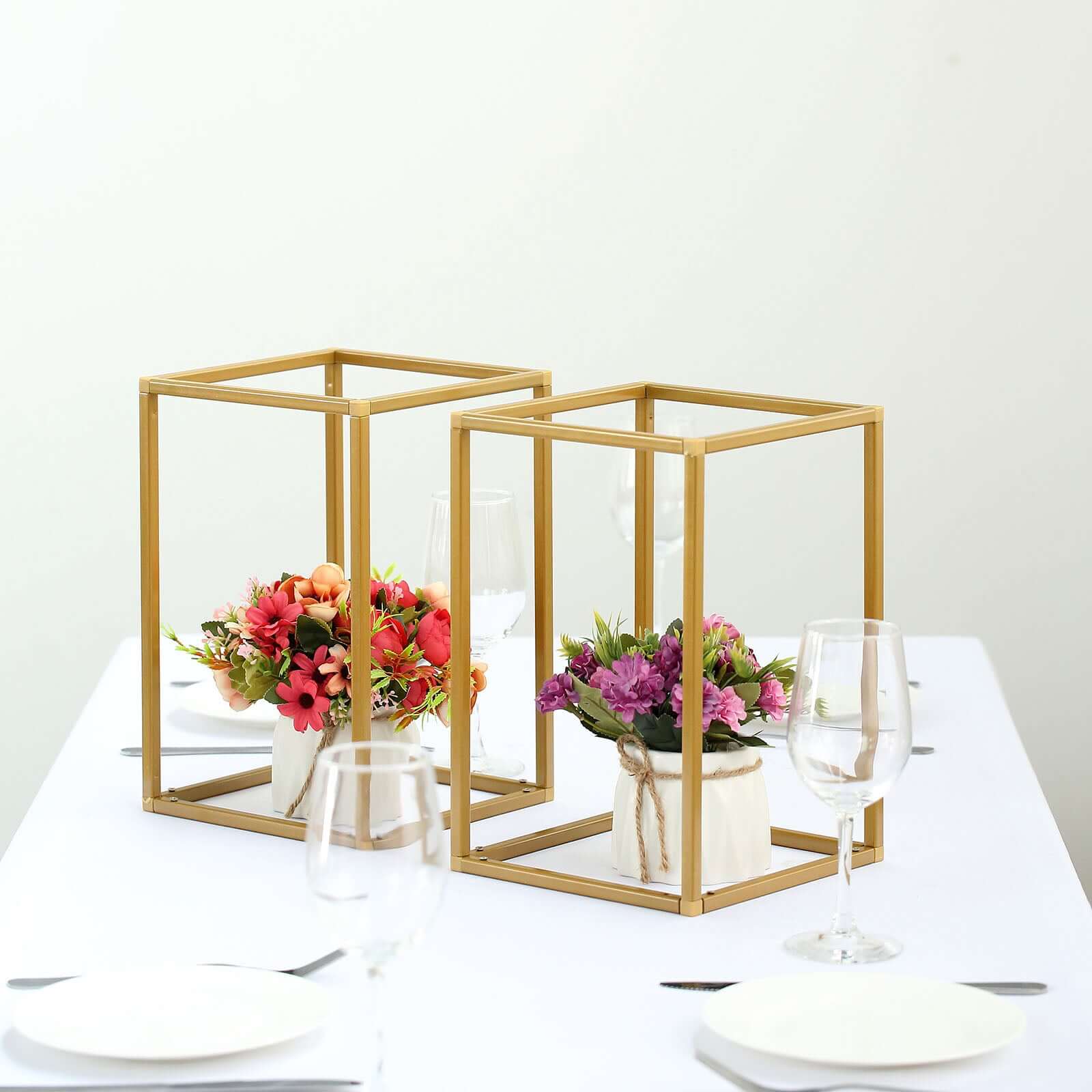 2-Pack Rectangular Gold Metal Wedding Flower Stand 12" Geometric Column Frame - Stylish Floral Display for Tablescapes - Image 7