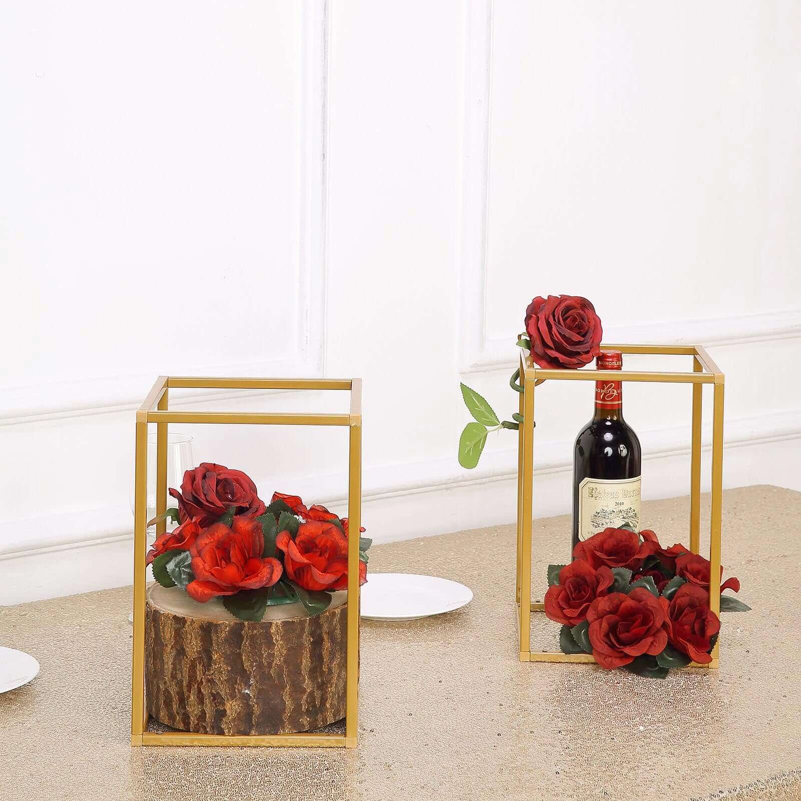 2-Pack Rectangular Gold Metal Wedding Flower Stand 12" Geometric Column Frame - Stylish Floral Display for Tablescapes - Image 8