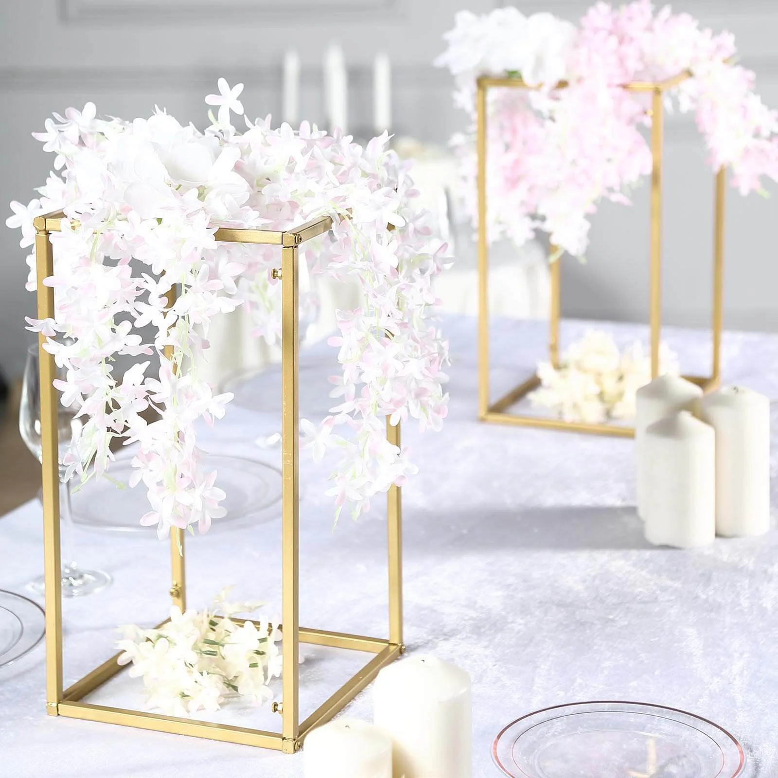 2-Pack Rectangular Gold Metal Wedding Flower Stand 16" Geometric Column Frame - Versatile Pedestal for Wedding Arrangements - Image 2