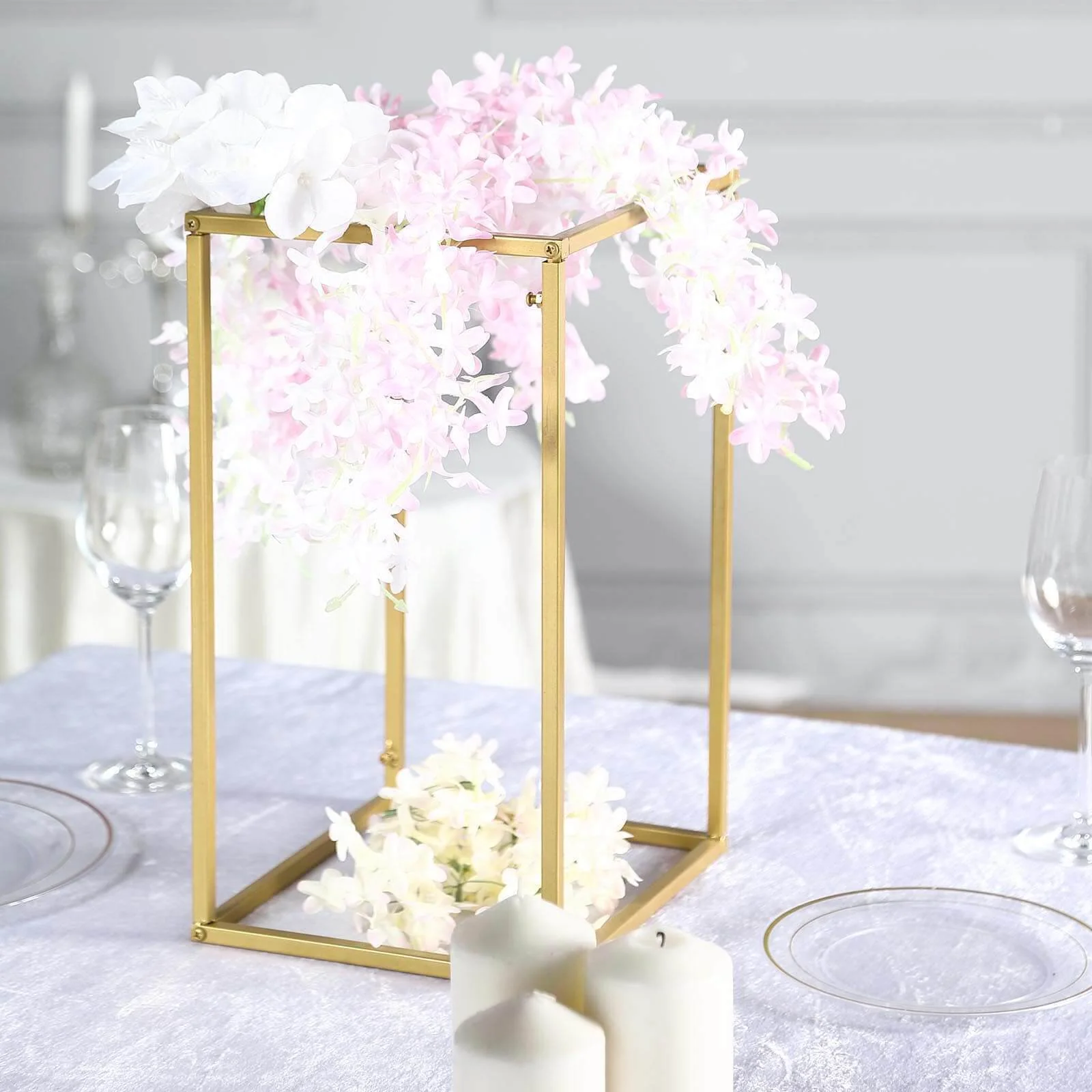 2-Pack Rectangular Gold Metal Wedding Flower Stand 16" Geometric Column Frame - Versatile Pedestal for Wedding Arrangements - Image 7