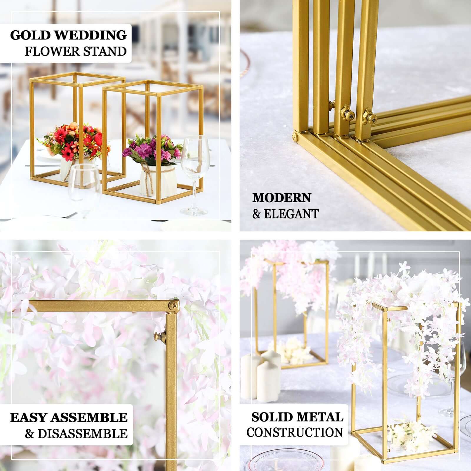 2-Pack Rectangular Gold Metal Wedding Flower Stand 24" Geometric Column Frame - Durable Centerpiece for Stylish Flower Displays - Image 4