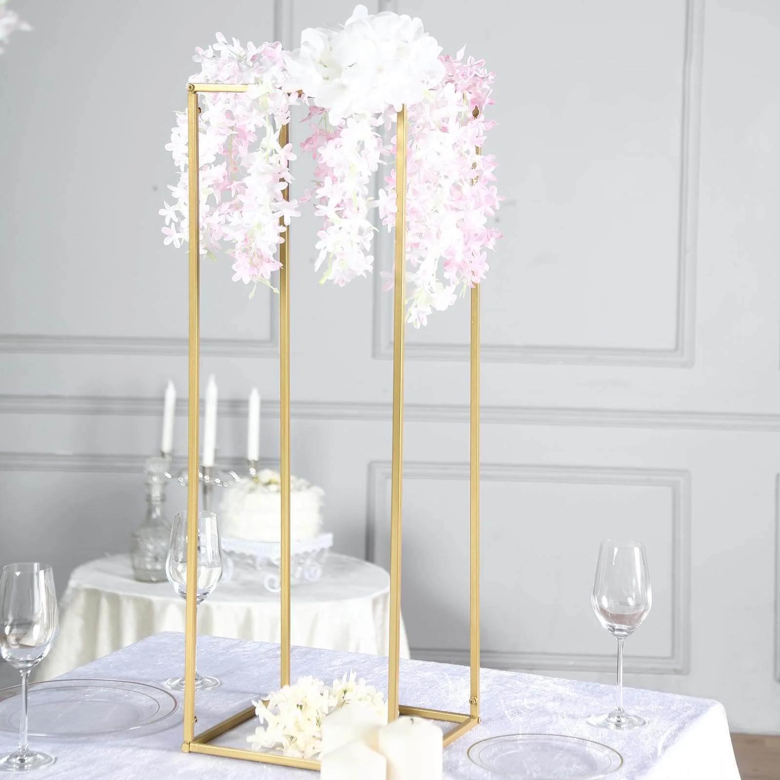 2-Pack Rectangular Gold Metal Wedding Flower Stand 32" Geometric Column Frame - Sleek Pedestal for Sophisticated Floral Arrangements - Image 2