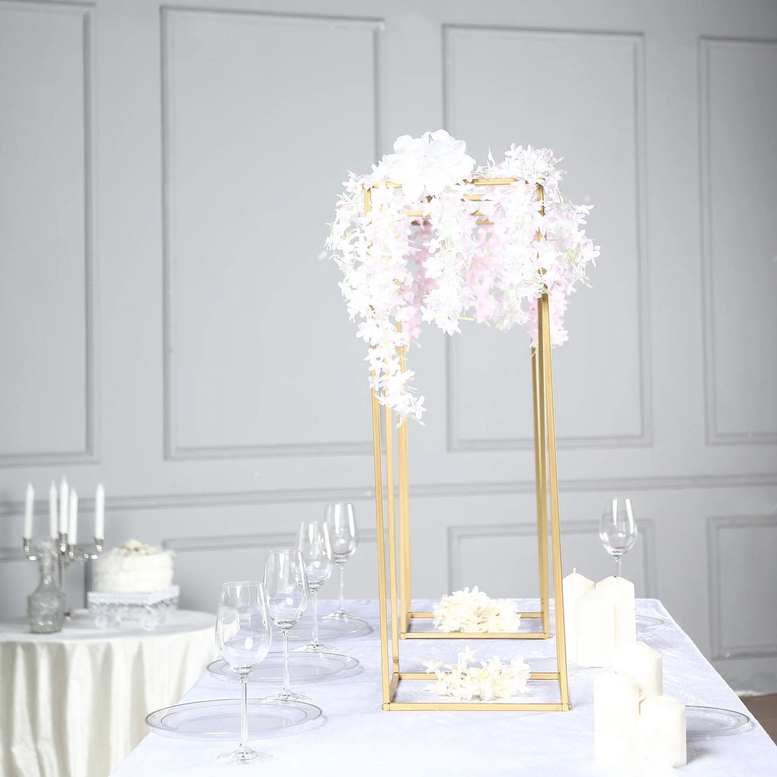2-Pack Rectangular Gold Metal Wedding Flower Stand 32" Geometric Column Frame - Sleek Pedestal for Sophisticated Floral Arrangements - Image 7