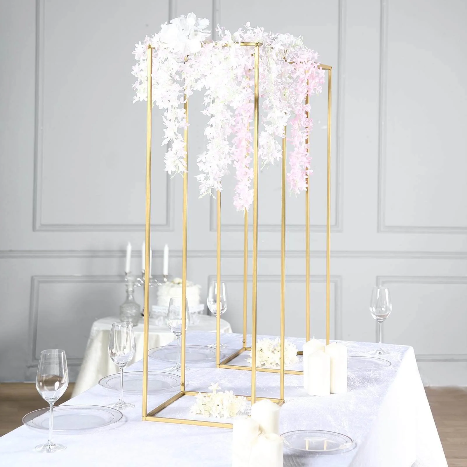 2-Pack Rectangular Gold Metal Wedding Flower Stand 40" Geometric Column Frame - Statement Floral Display for Grand Events - Image 2