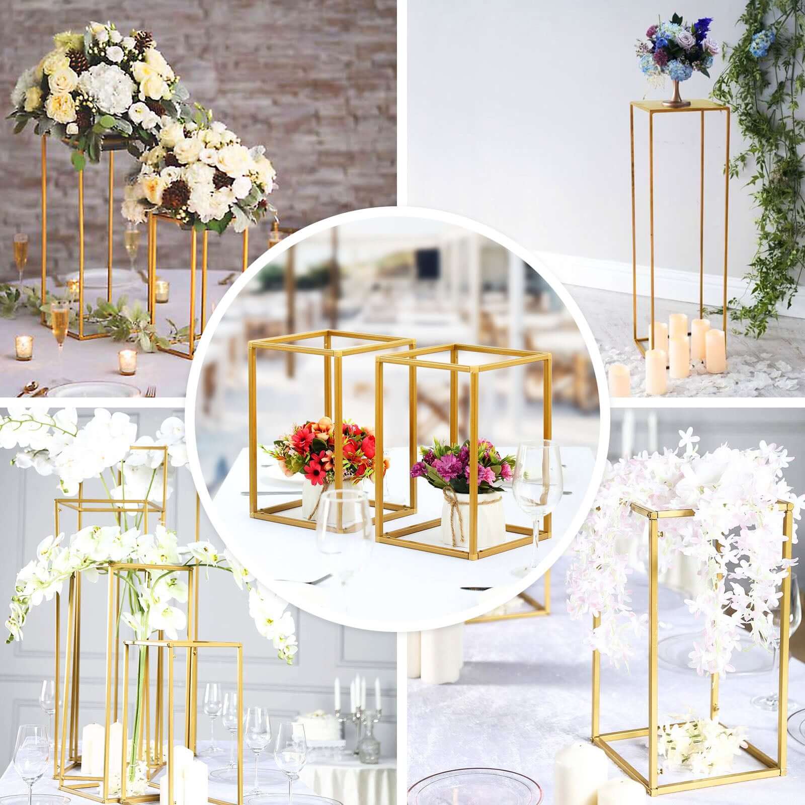 2-Pack Rectangular Gold Metal Wedding Flower Stand 40" Geometric Column Frame - Statement Floral Display for Grand Events - Image 5