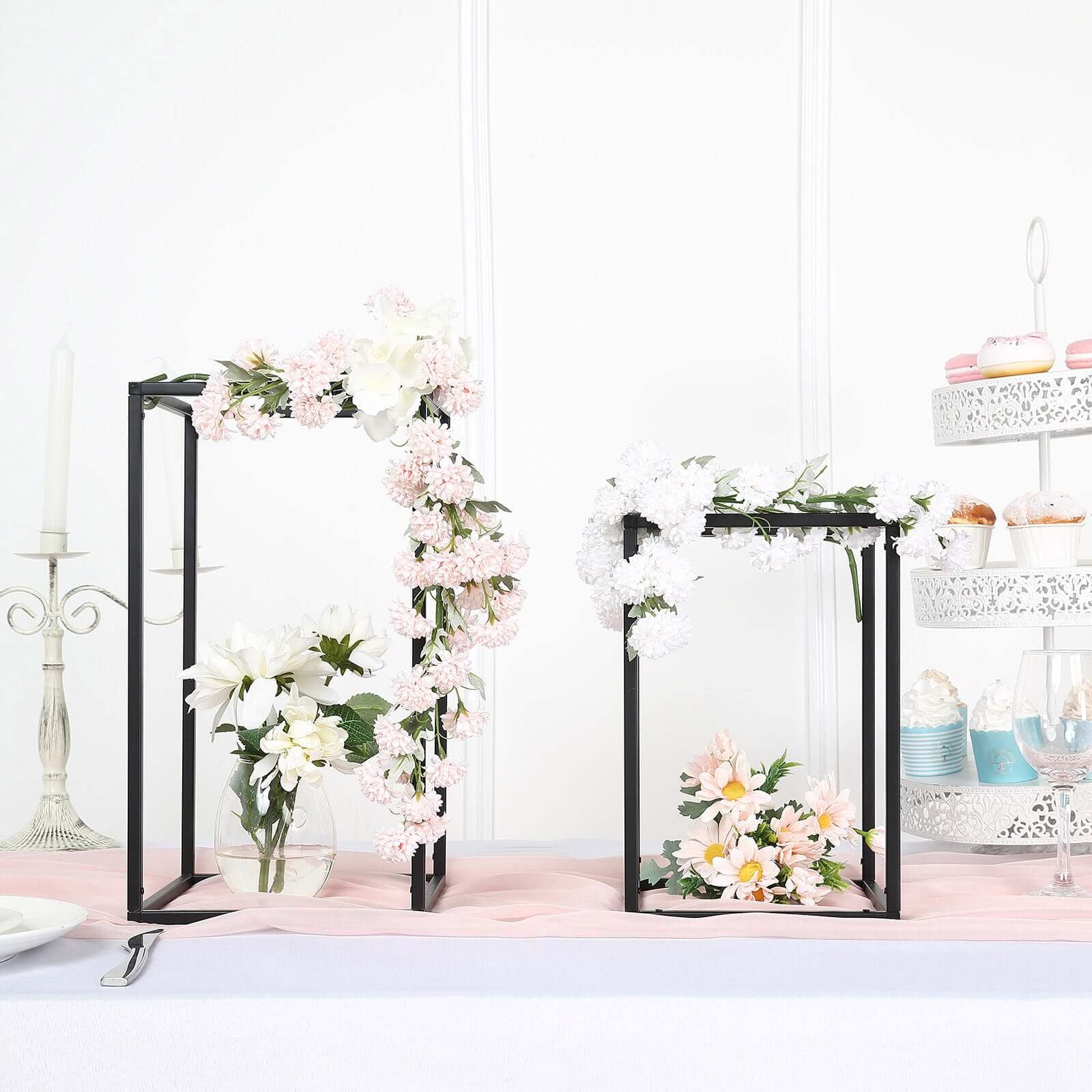 2-Pack Rectangular Matte Black Metal Wedding Flower Stand 12" Geometric Column Frame - Stylish Floral Display for Tablescapes - Image 10