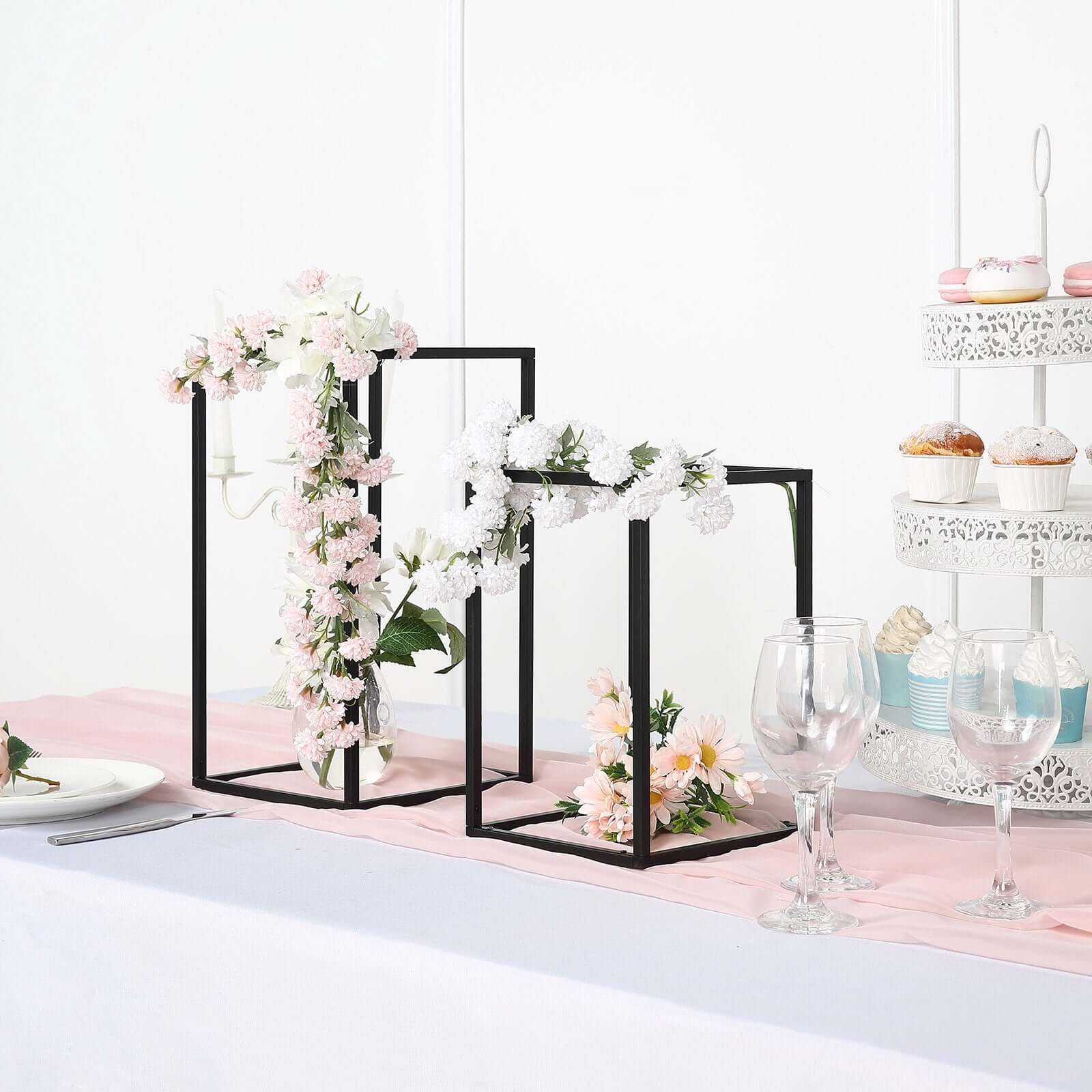 2-Pack Rectangular Matte Black Metal Wedding Flower Stand 12" Geometric Column Frame - Stylish Floral Display for Tablescapes - Image 11