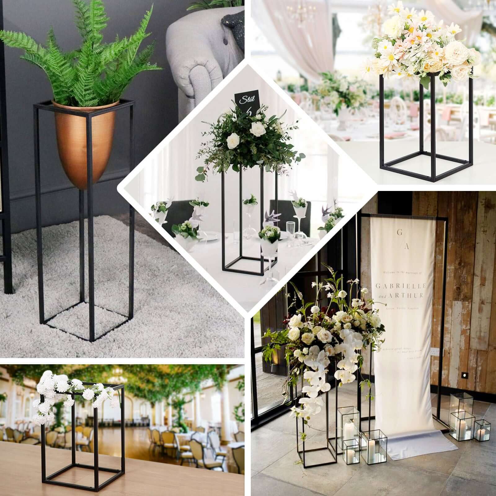 2-Pack Rectangular Matte Black Metal Wedding Flower Stand 16" Geometric Column Frame - Versatile Pedestal for Wedding Arrangements - Image 5