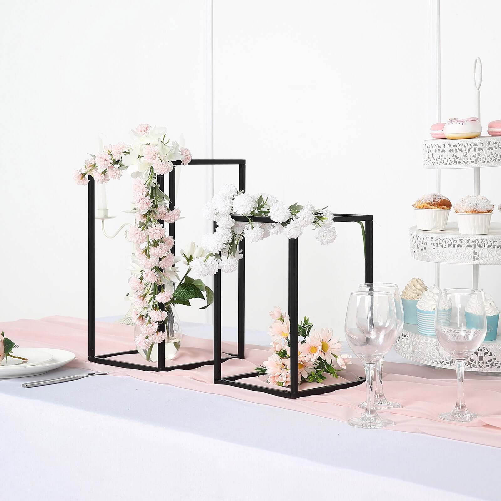 2-Pack Rectangular Matte Black Metal Wedding Flower Stand 16" Geometric Column Frame - Versatile Pedestal for Wedding Arrangements - Image 8