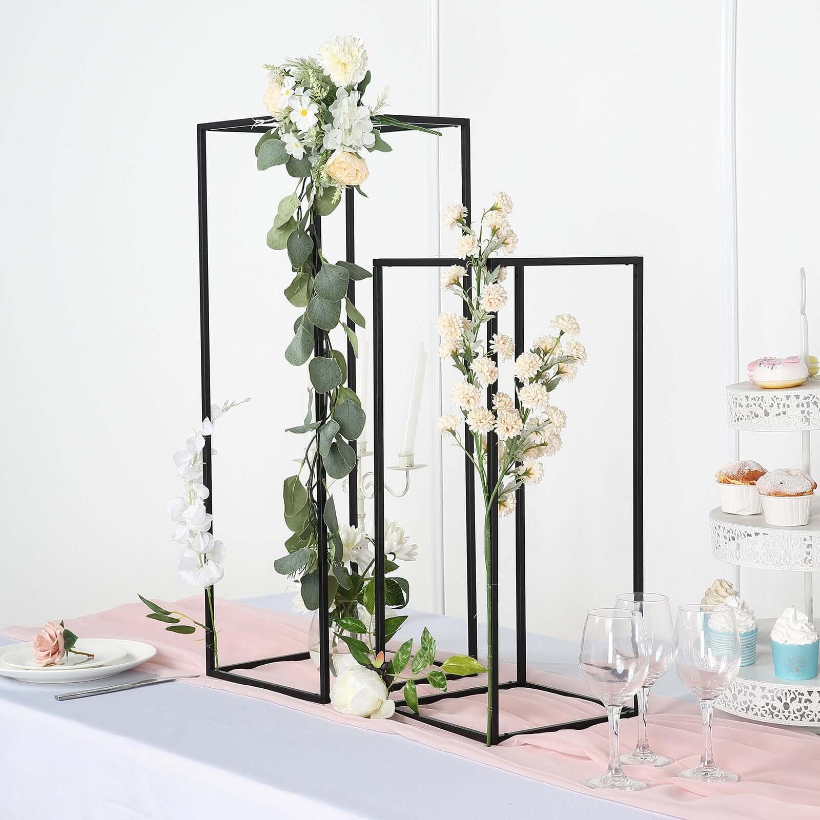 2-Pack Rectangular Matte Black Metal Wedding Flower Stand 24" Geometric Column Frame - Modern Floral Display for Event Decor - Image 8