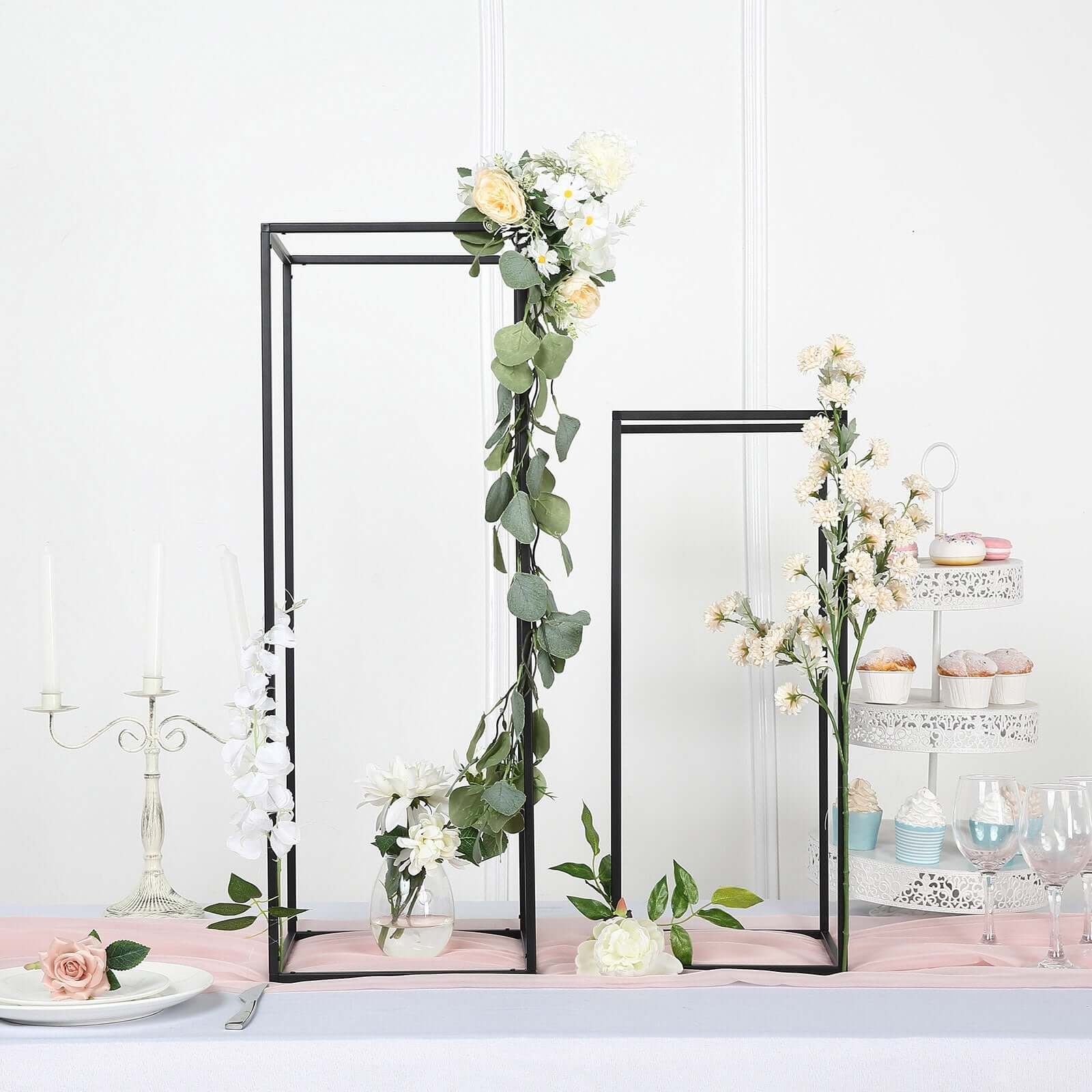 2-Pack Rectangular Matte Black Metal Wedding Flower Stand 32" Geometric Column Frame - Sleek Pedestal for Sophisticated Floral Arrangements - Image 7