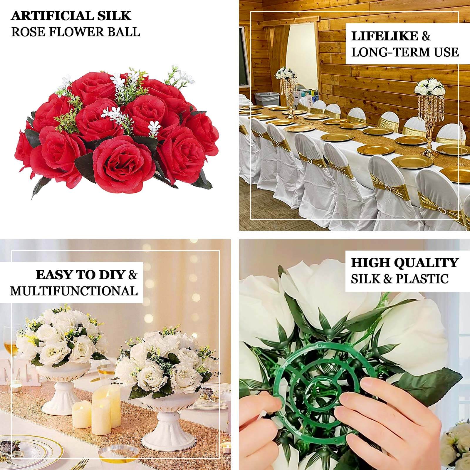 2 Pack Red Artificial Flower Ball Bouquets For Centerpieces, 15-Head Silk Rose Kissing Balls 10" - Image 4