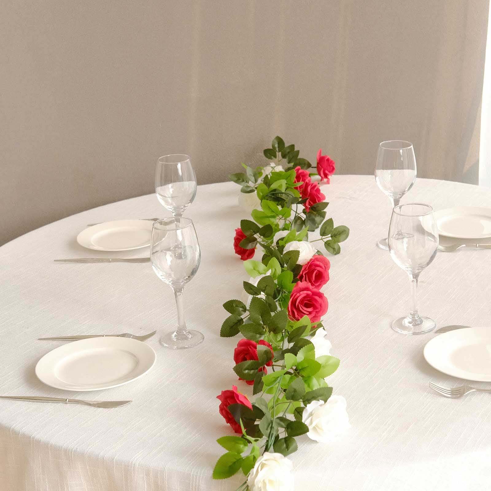 2 Pack Red Ivory Artificial Silk Mini Rose Vines Hanging Flower Garland with 26 Flower Heads - 7ft