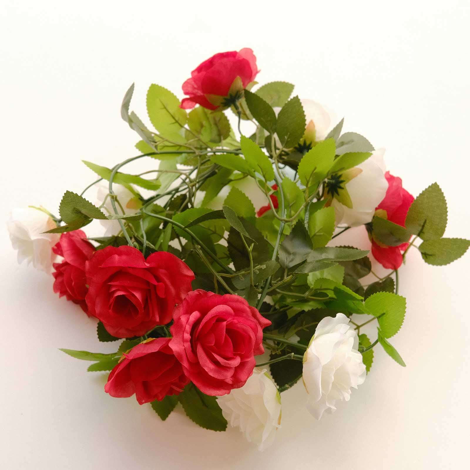 2 Pack Red Ivory Artificial Silk Mini Rose Vines Hanging Flower Garland with 26 Flower Heads - 7ft - Image 14