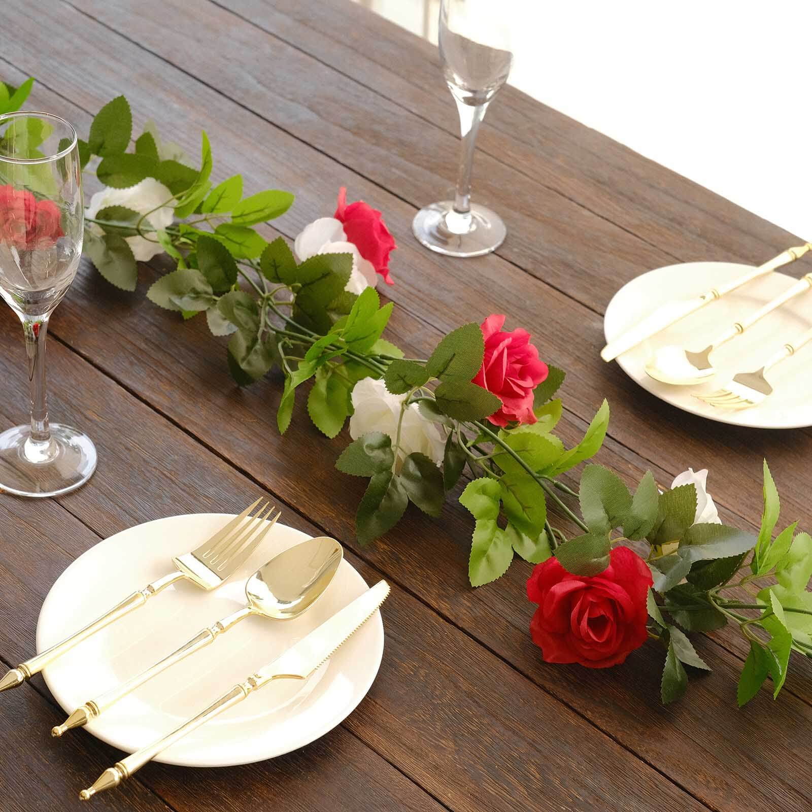 2 Pack Red Ivory Artificial Silk Mini Rose Vines Hanging Flower Garland with 26 Flower Heads - 7ft - Image 6