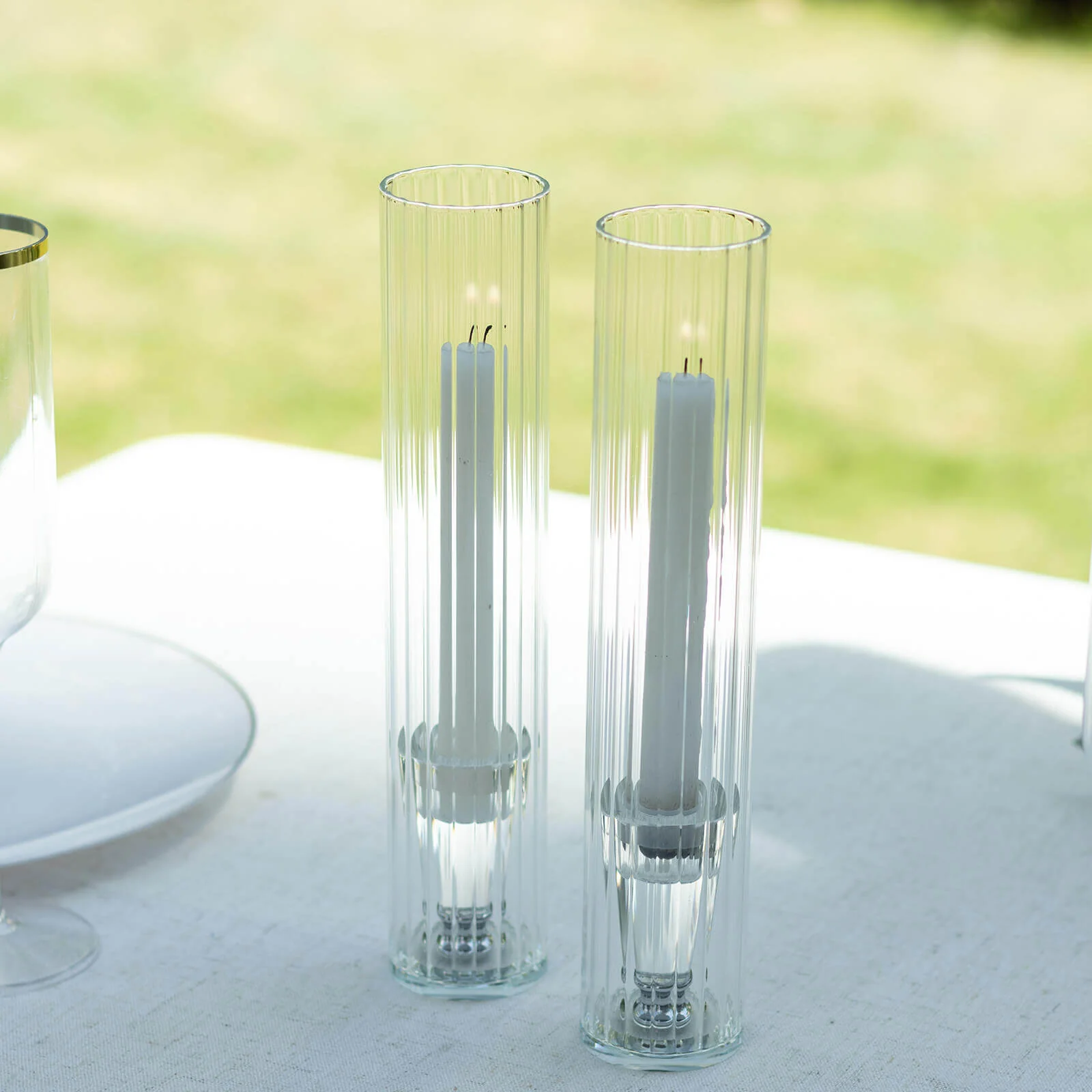 2-Pack Ribbed Glass Candelabra Shades Open End Hurricane Design 10" Clear - Sleek Table Centerpiece for Stylish Decor