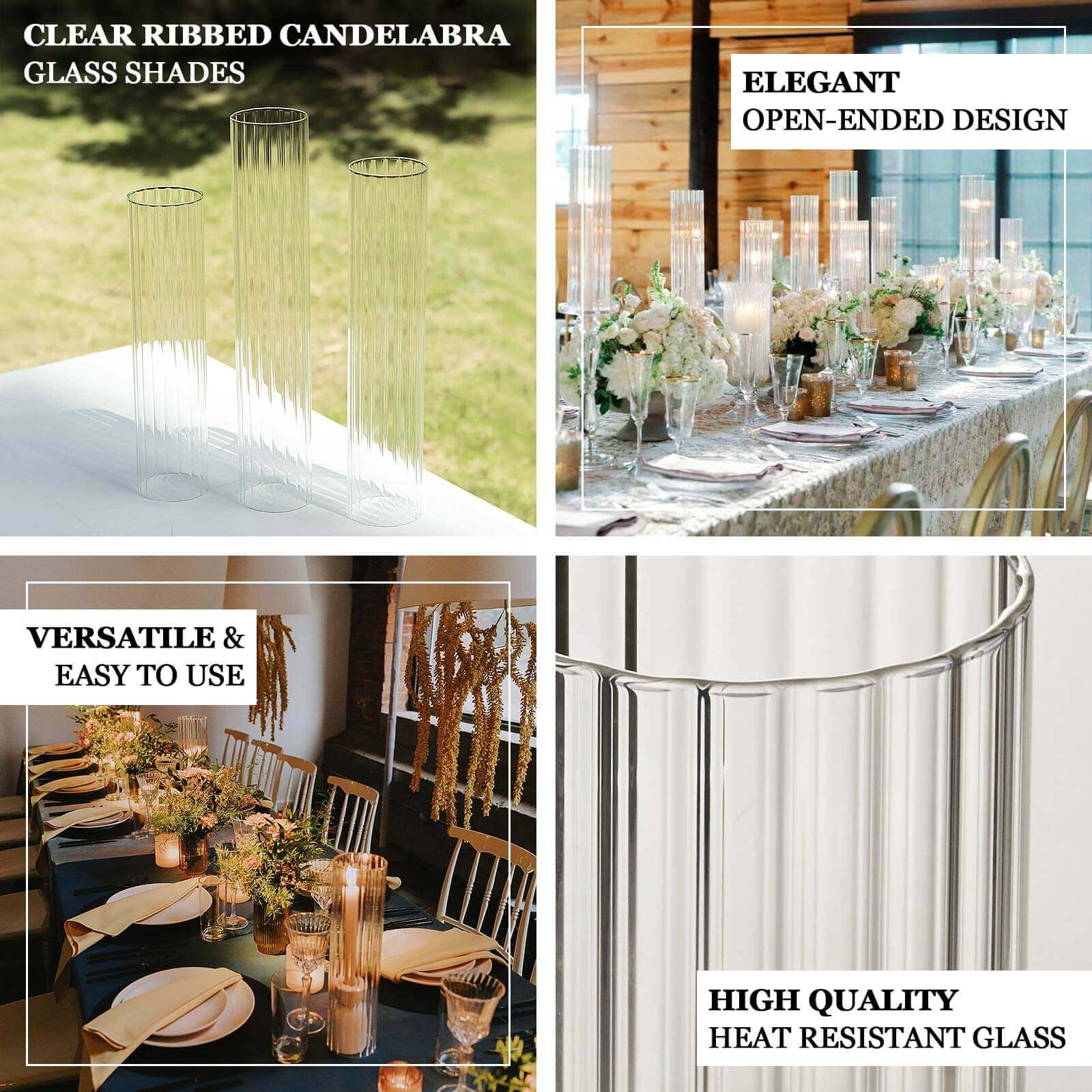 2-Pack Ribbed Glass Candelabra Shades Open End Hurricane Design 10" Clear - Sleek Table Centerpiece for Stylish Decor - Image 4