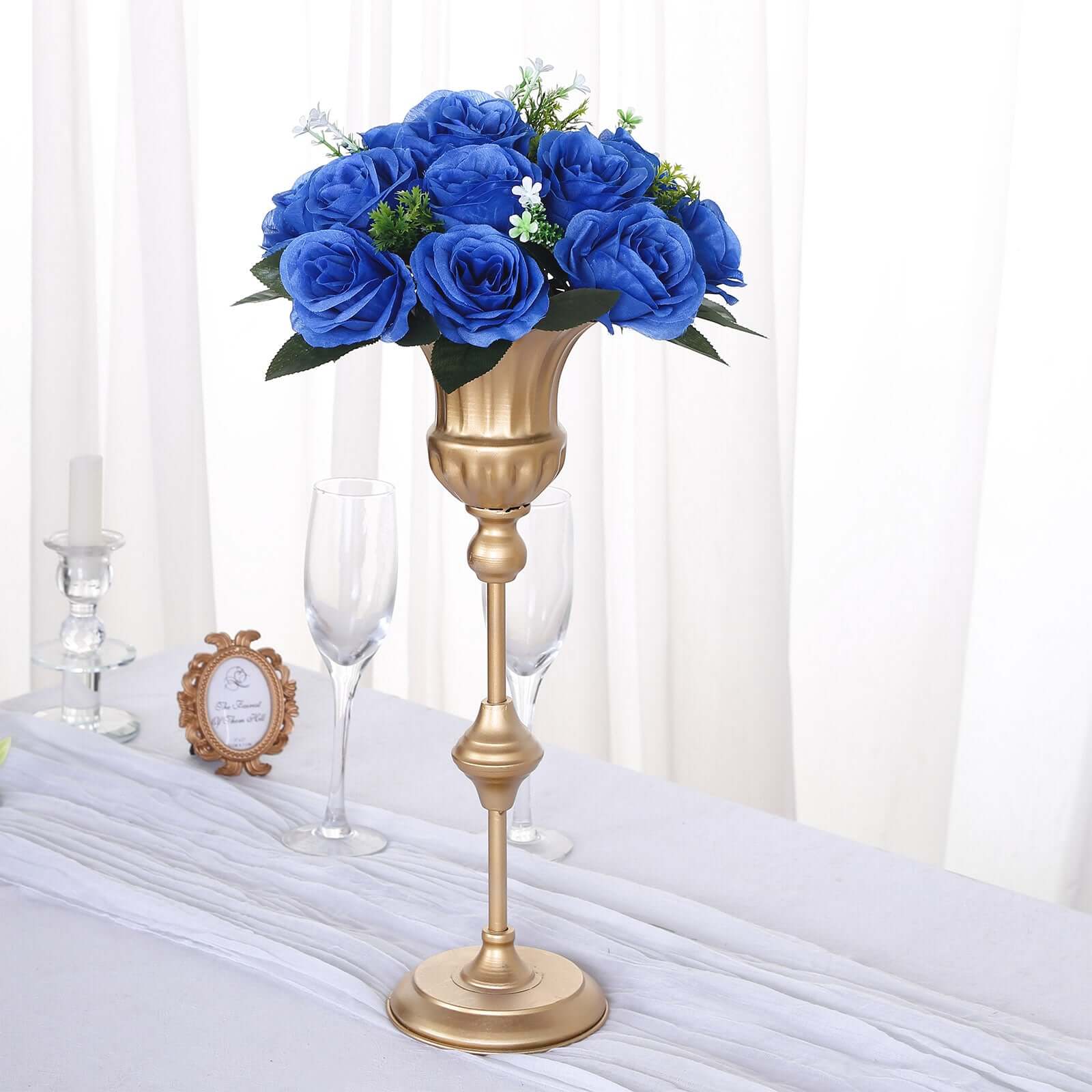 2 Pack Royal Blue Artificial Flower Ball Bouquets For Centerpieces, 15-Head Silk Rose Kissing Balls 10" - Image 2