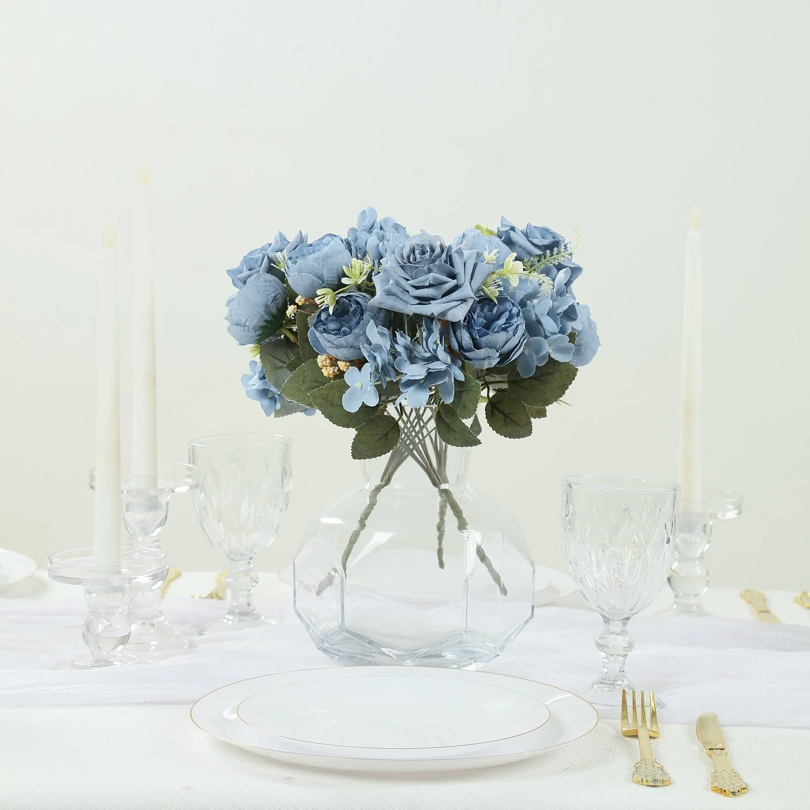 2 Pack Silk Rose Bouquets Mixed Peony & Hydrangea - 12" Dusty Blue Artificial Floral Arrangements