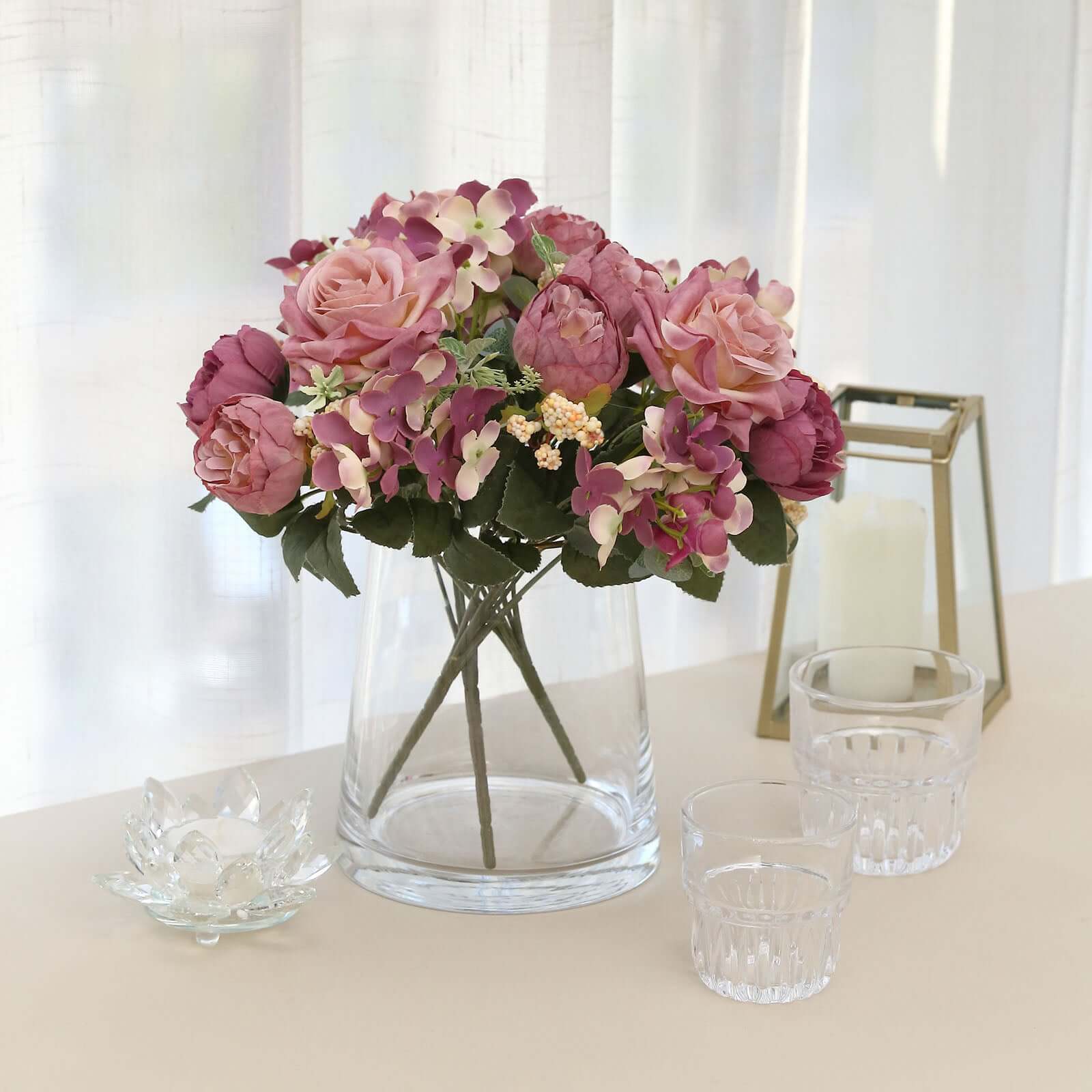 2 Pack Silk Rose Bouquets Mixed Peony & Hydrangea - 12" Dusty Rose Artificial Floral Arrangements - Image 2