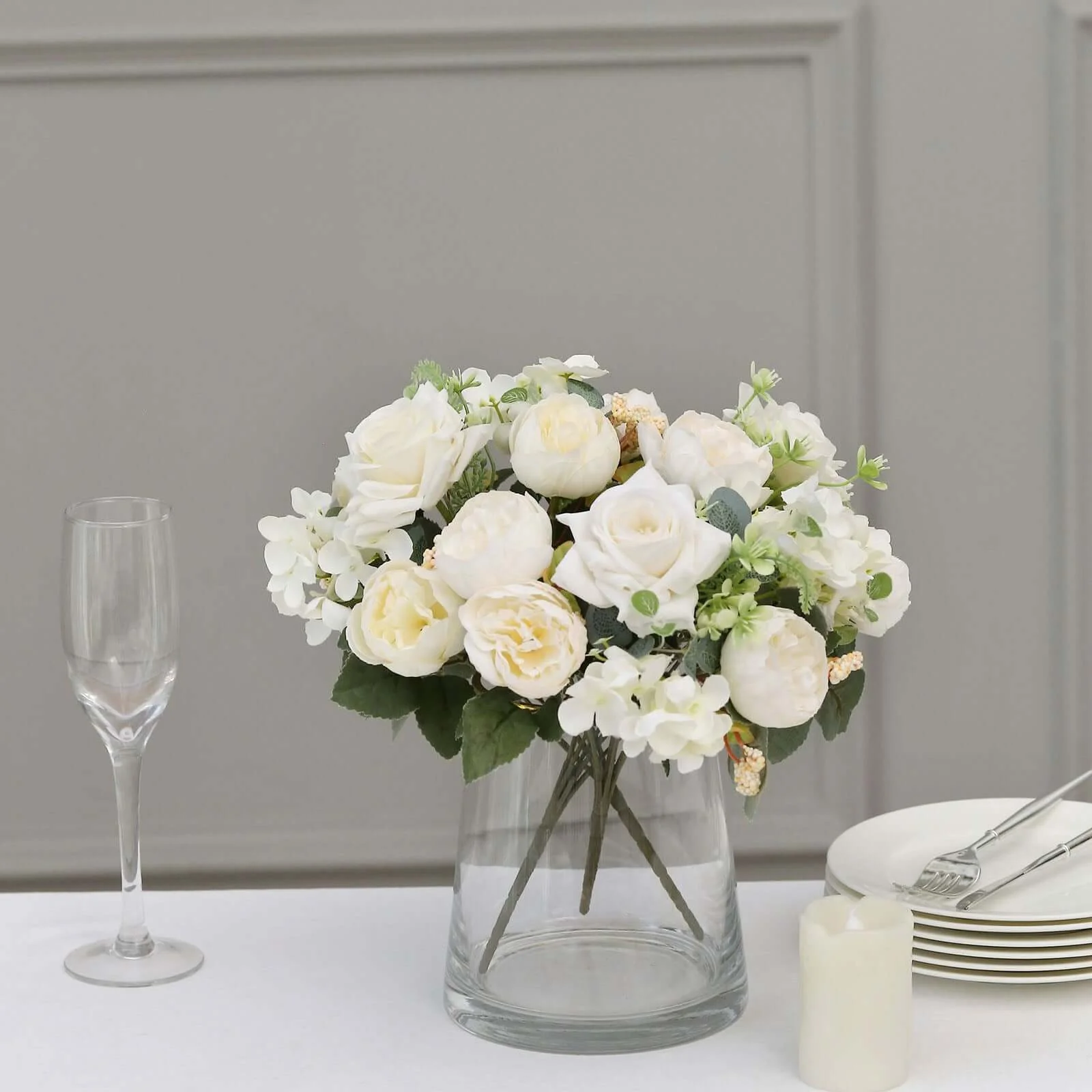2 Pack Silk Rose Bouquets Mixed Peony & Hydrangea - 12" Ivory Artificial Floral Arrangements