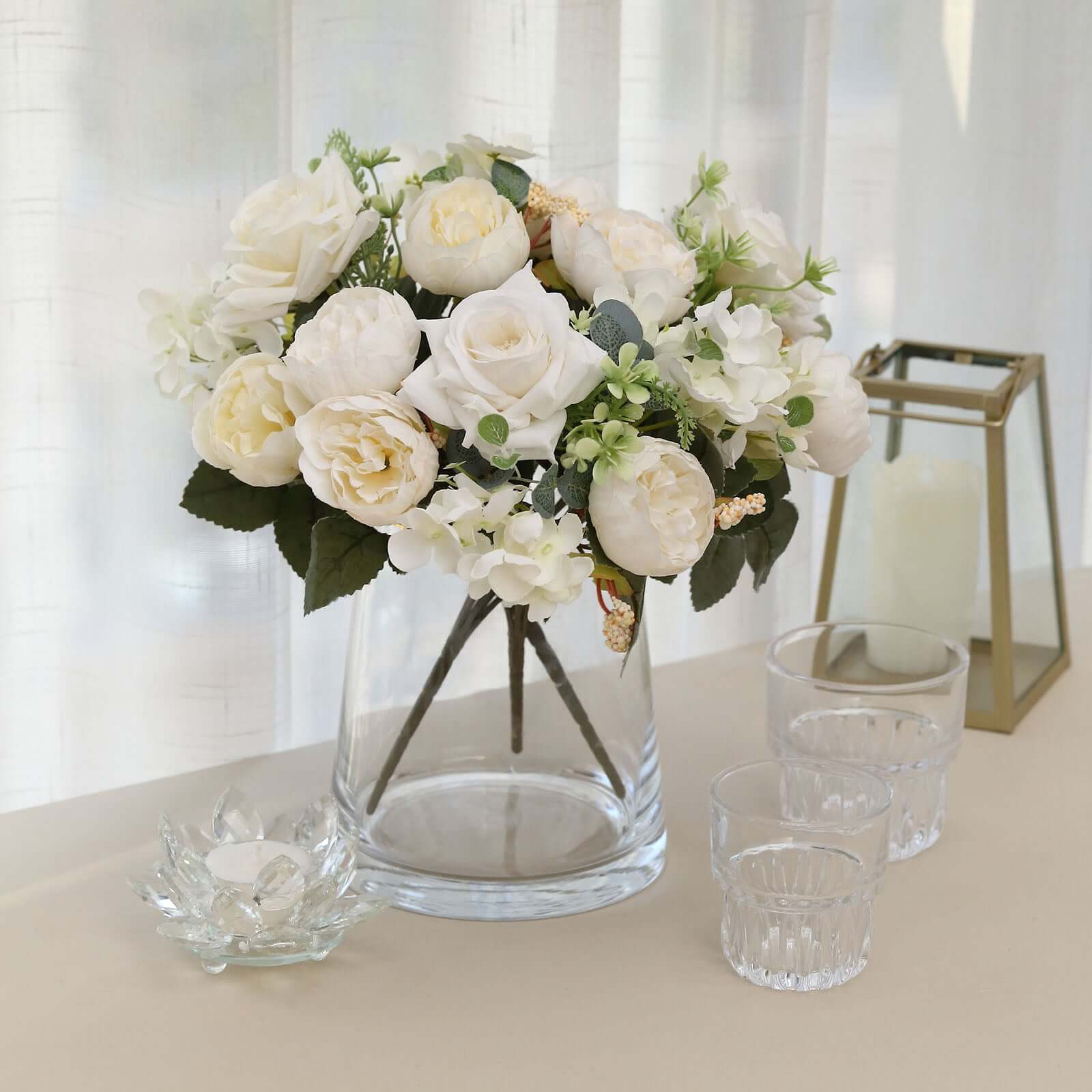 2 Pack Silk Rose Bouquets Mixed Peony & Hydrangea - 12" Ivory Artificial Floral Arrangements - Image 2