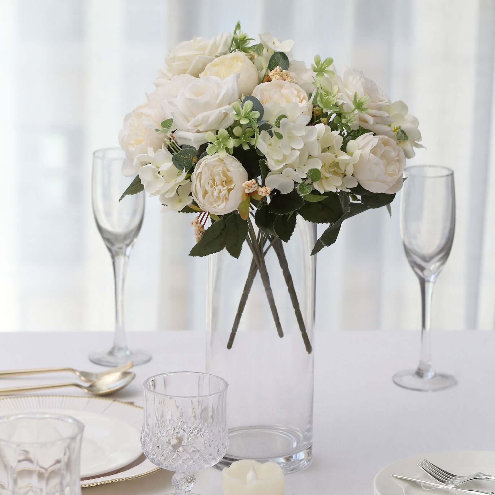 2 Pack Silk Rose Bouquets Mixed Peony & Hydrangea - 12" Ivory Artificial Floral Arrangements - Image 8