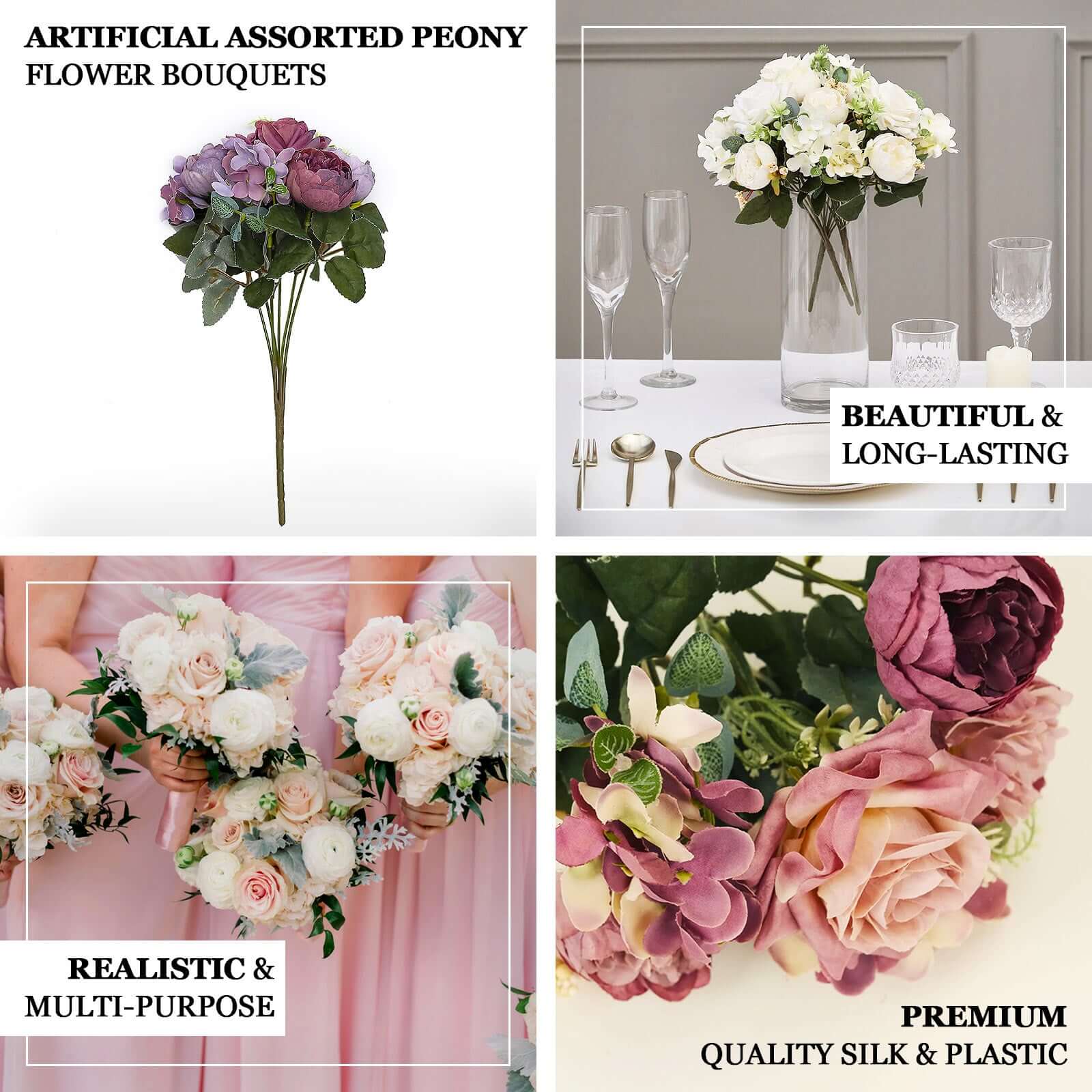 2 Pack Silk Rose Bouquets Mixed Peony & Hydrangea - 12" Light Blue Artificial Floral Arrangements - Image 3