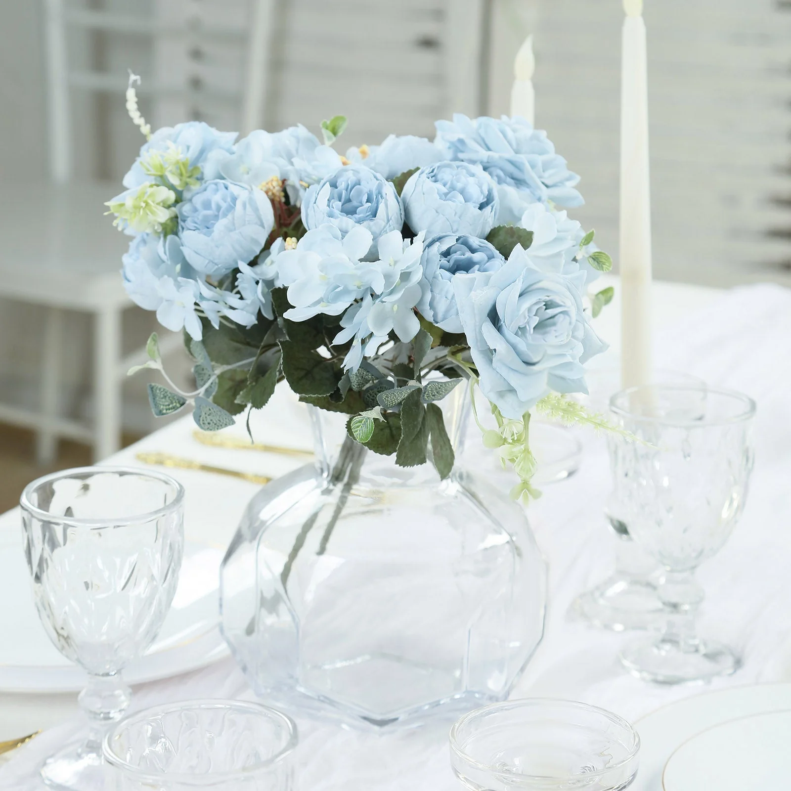 2 Pack Silk Rose Bouquets Mixed Peony & Hydrangea - 12" Light Blue Artificial Floral Arrangements - Image 5