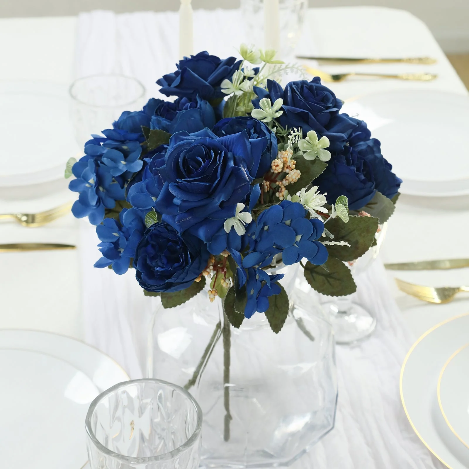2 Pack Silk Rose Bouquets Mixed Peony & Hydrangea - 12" Navy Blue Artificial Floral Arrangements - Image 2