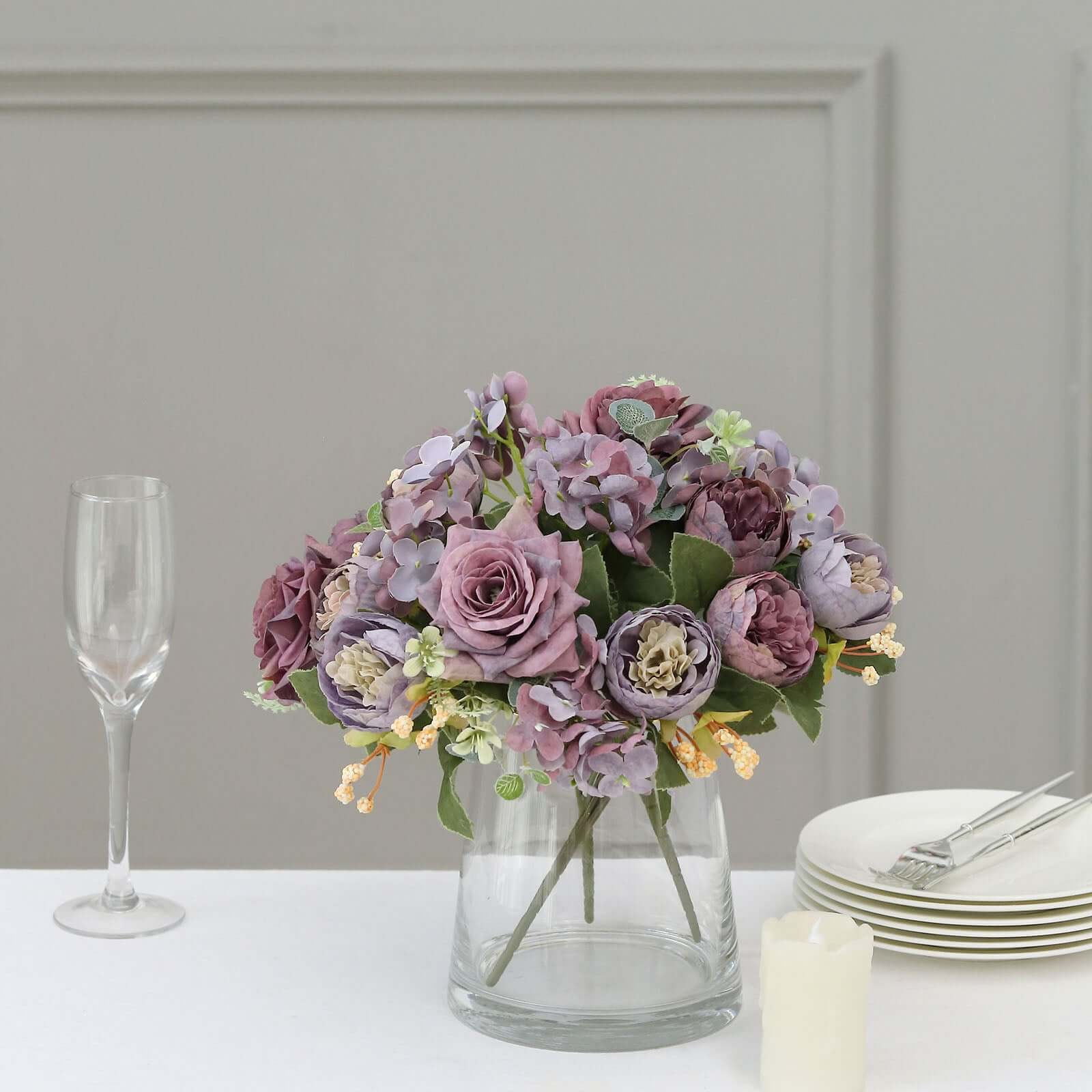2 Pack Silk Rose Bouquets Mixed Peony & Hydrangea - 12" Purple Artificial Floral Arrangements